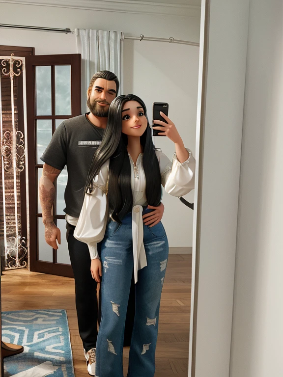 They are standing in front of the mirror, she is holding her cell phone in her left hand., She is wearing a long-sleeved white blouse with her hair in the front and reaching down to her waist., he is behind her with one hand on her waist, de camisa preta e corrente, has a beard and they are both smiling