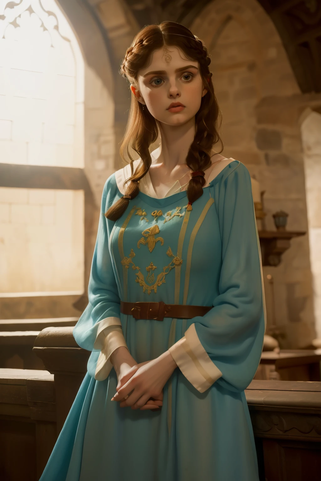 1136, Earlcastle, England. otherworldly scene in a luxurious medieval castle, ((((16-year-old)) Alexandra Daddario)), prisoner, scared ((terrified)), ((((tunic gown from the 12th century)))), ((Hairstyle of the 12th century)), ((Wes Anderson cinematic style)), colorful