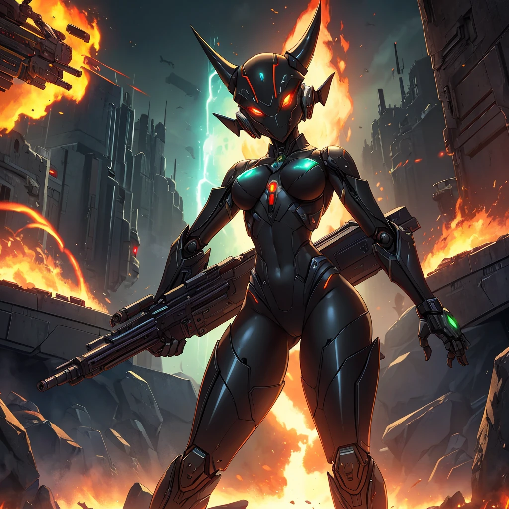 solo, female, kobold, metallic black, shiny, stealth, ,fangs showing, open mouth, legs spread, , rubble, android, small breasts, thin body, short height, curved thighs, glowing eyes, lightning, raining, holding blaster gun, war, science fiction, burning, crashing ships, destroyed burning buildings, stars, galaxy, fighting, warrior, aggressive, high quality masterpiece, perfect anatomy,