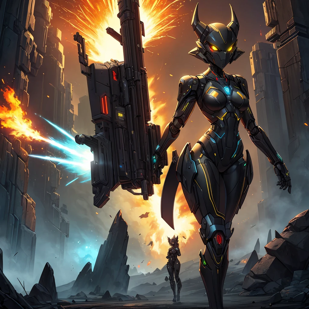 Solo, female, green black , furry, anthro, kobold, android, metallic, robotic, shiny, no clothes, small breasts, thin body, curved thighs, standing, battlefield, holding blaster gun, demonic, glowing eyes, explosions, fires, debri, science fiction, scifi, high quality, mastpiece, war, fighting, sexy, detailed,