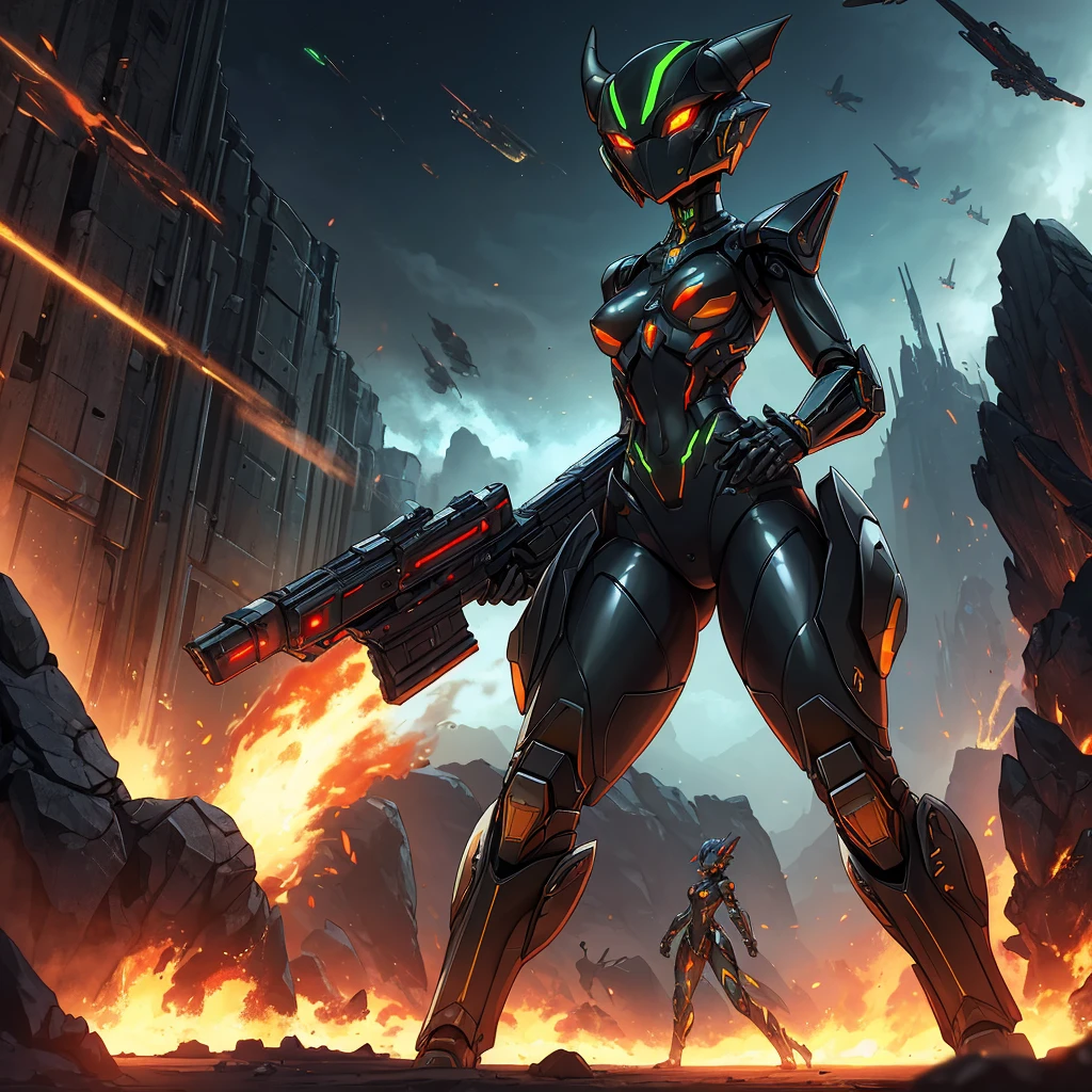 Solo, female, green black , furry, anthro, kobold, android, metallic, robotic, shiny, no clothes, small breasts, thin body, curved thighs, standing, battlefield, holding blaster gun, demonic, glowing eyes, explosions, fires, debri, science fiction, scifi, high quality, mastpiece, war, fighting, sexy, detailed,