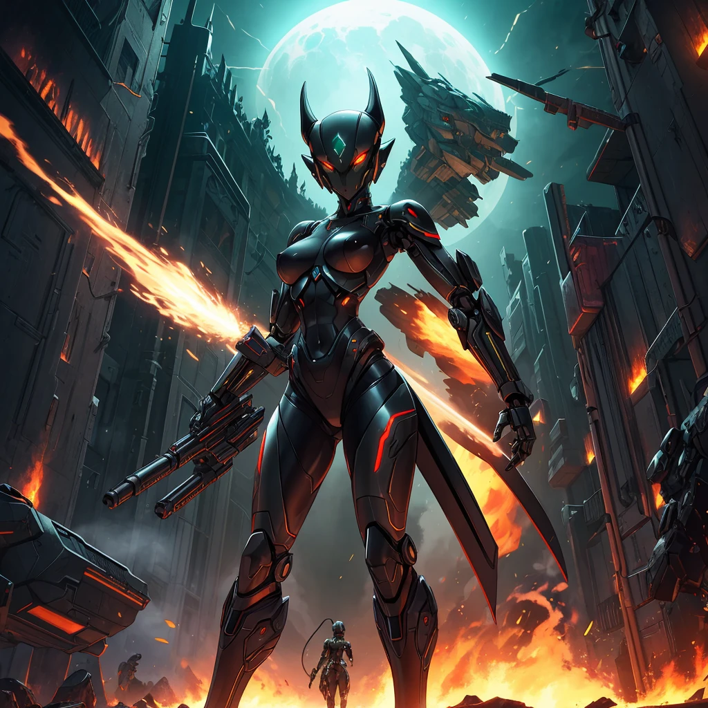 Solo, female, green black , furry, anthro, kobold, android, metallic, robotic, shiny, no clothes, small breasts, thin body, curved thighs, standing, battlefield, holding blaster gun, demonic, glowing eyes, explosions, fires, debri, science fiction, scifi, high quality, mastpiece, war, fighting, sexy, detailed,