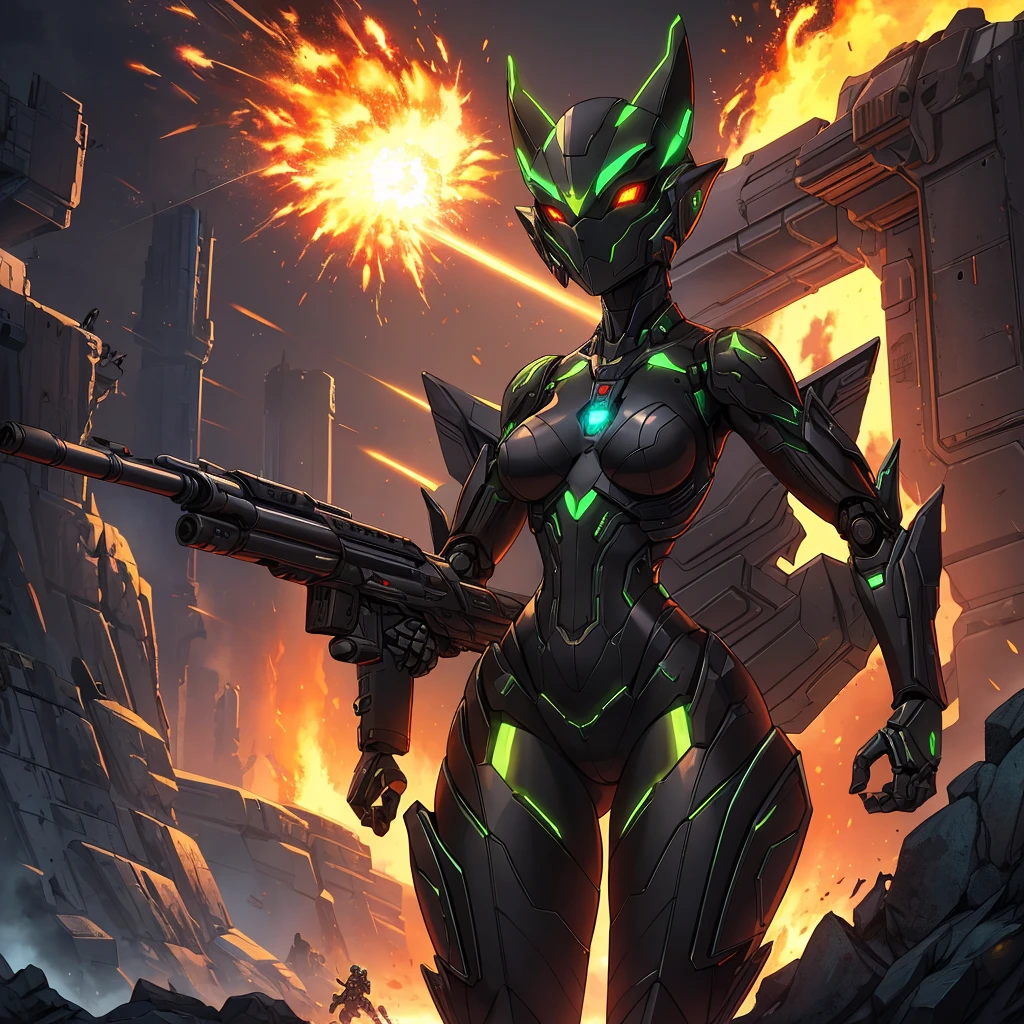 Solo, female, green black , furry, anthro, kobold, android, metallic, robotic, shiny, no clothes, small breasts, thin body, curved thighs, standing, battlefield, holding blaster gun, demonic, glowing eyes, explosions, fires, debri, science fiction, scifi, high quality, mastpiece, war, fighting, sexy, detailed,