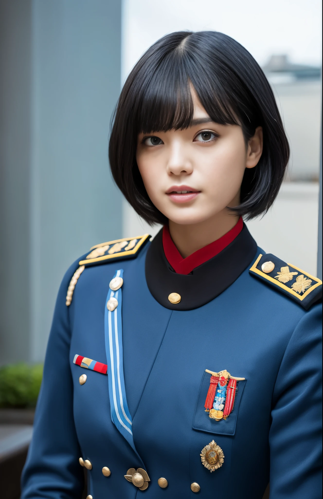 (Top resolution, Distinct_image), Best Quality, masutepiece, Highly detailed, semi - realistic, Woman with black shoulder length hair, black pupils, Mature, Mature woman, Imperial sister, Sexy, Short hair, Triple bangs, Light blue uniform, Light blue uniform jacket, soldier, light blue pleated skirt, Military uniform, Fighter Front, Future, Science fiction, universe