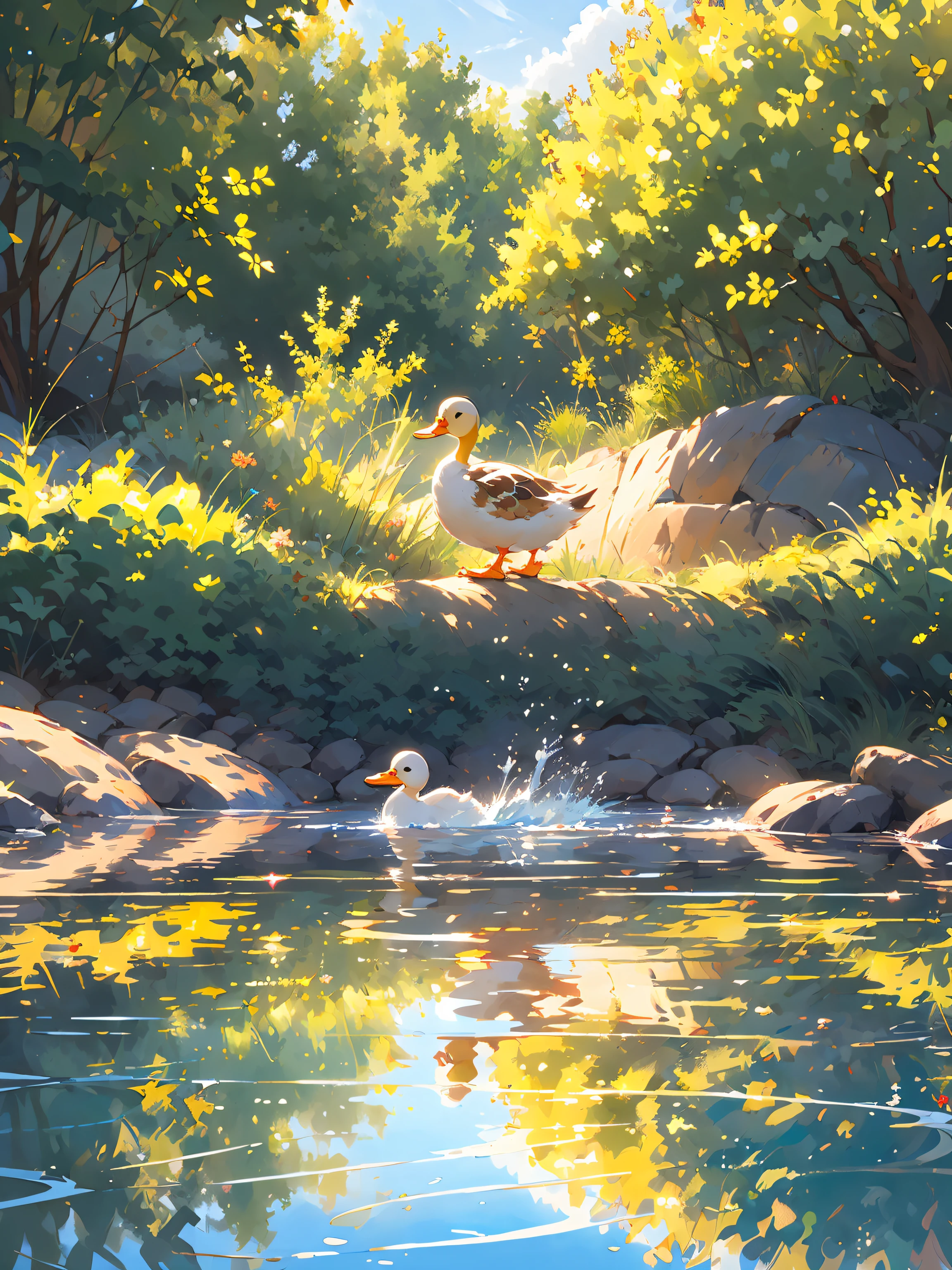 (masutepiece:1.2), Best Quality,pixiv,duck, reflection,Reflective water,流れるプールで遊ぶduck、A delightful、cute little,splash water,Waterslide,Pool facility background、colourfull,Summer came！