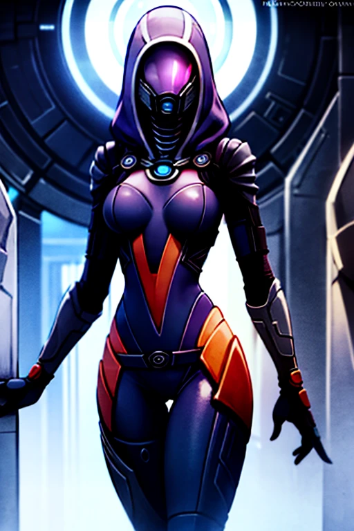 best quality, masterpiece, 1quarian, solo, tali'zorah, tali'zorah from mass effect, Quarian, hood, purple bodysuit, mask, (helmet, faceless), hood up, alien, inside
