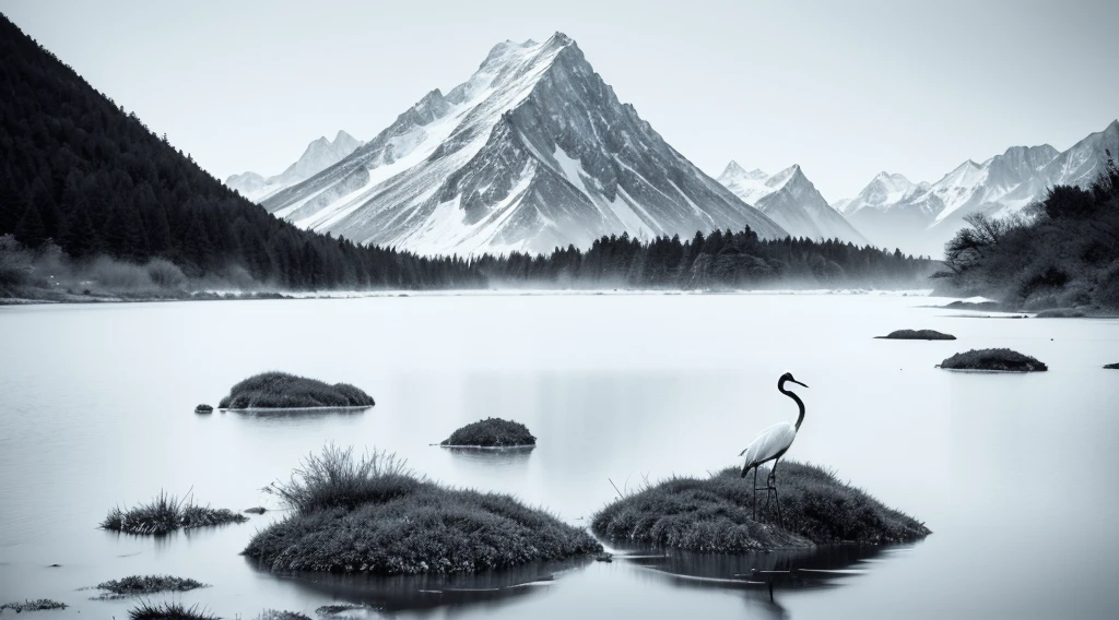 black andwhite,white crane,mountain water,water ink