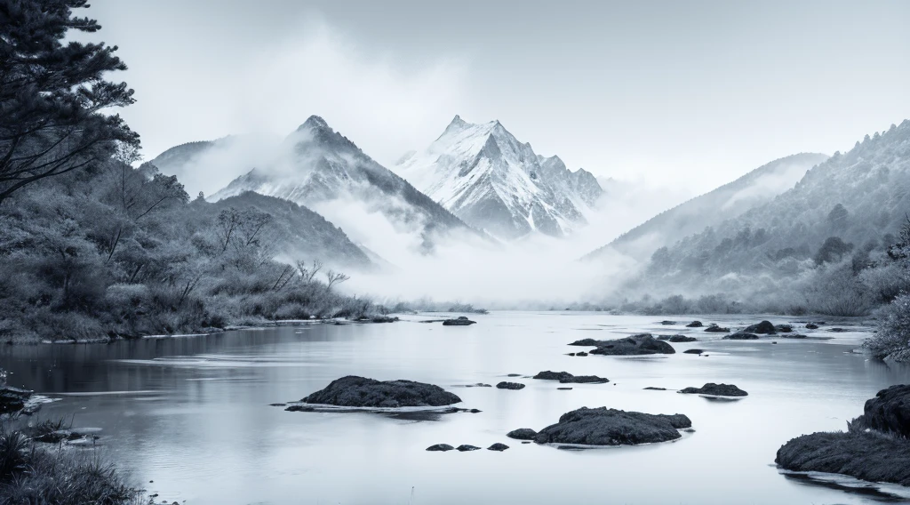 black andwhite,white crane,mountain water,water ink