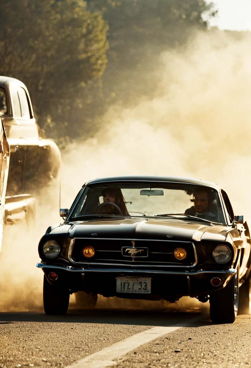 John's Departure: John drives away in his Mustang, a sense of mystery surrounding him.
Credits Roll: Highlighting the cast, crew, and key moments from the film. night, cinematic, lens flare, good angle, Black 1969 Ford Mustang.