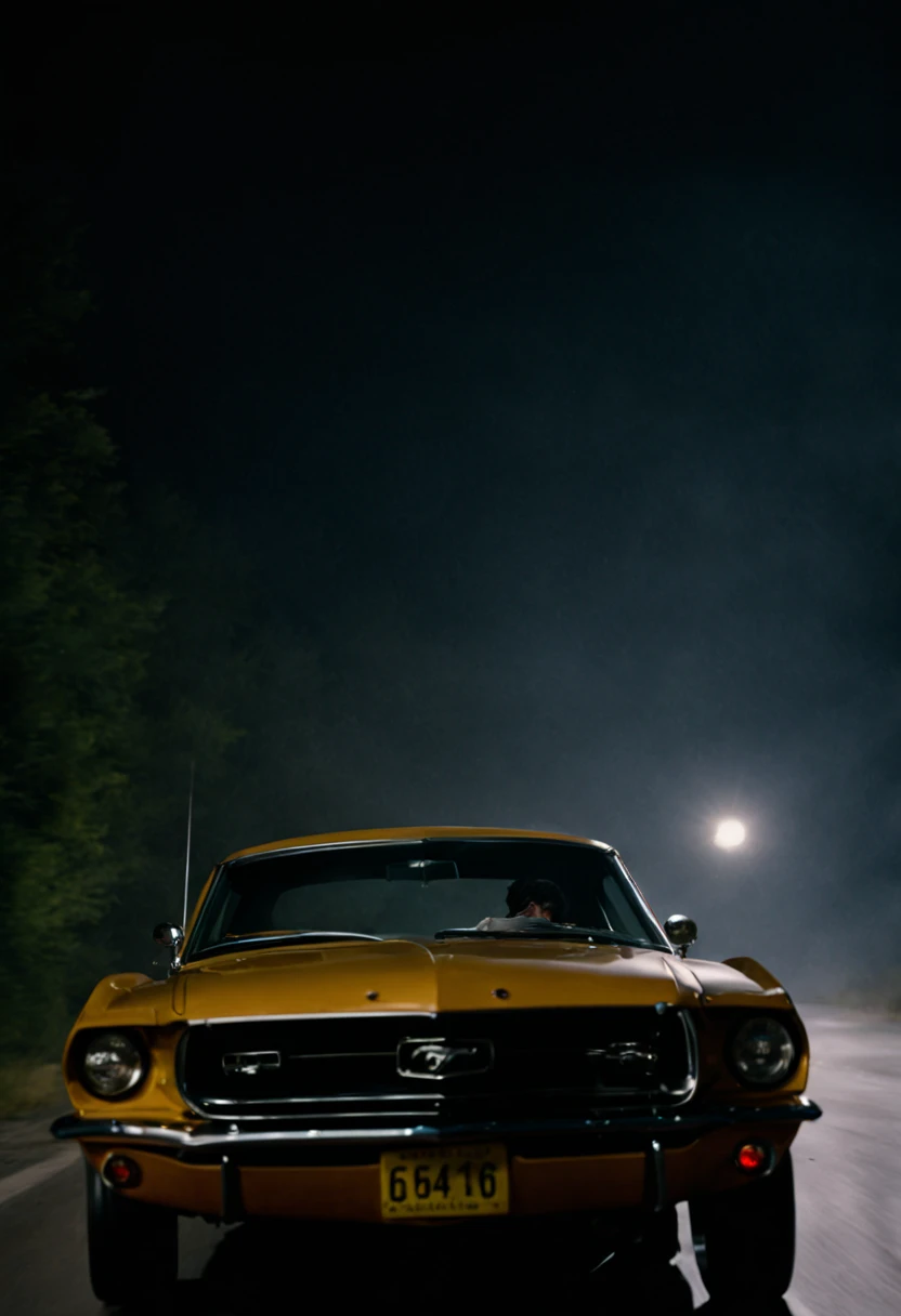 John's Departure: John drives away in his Mustang, a sense of mystery surrounding him.
Credits Roll: Highlighting the cast, crew, and key moments from the film. night, cinematic, lens flare, good angle, Black 1969 Ford Mustang.