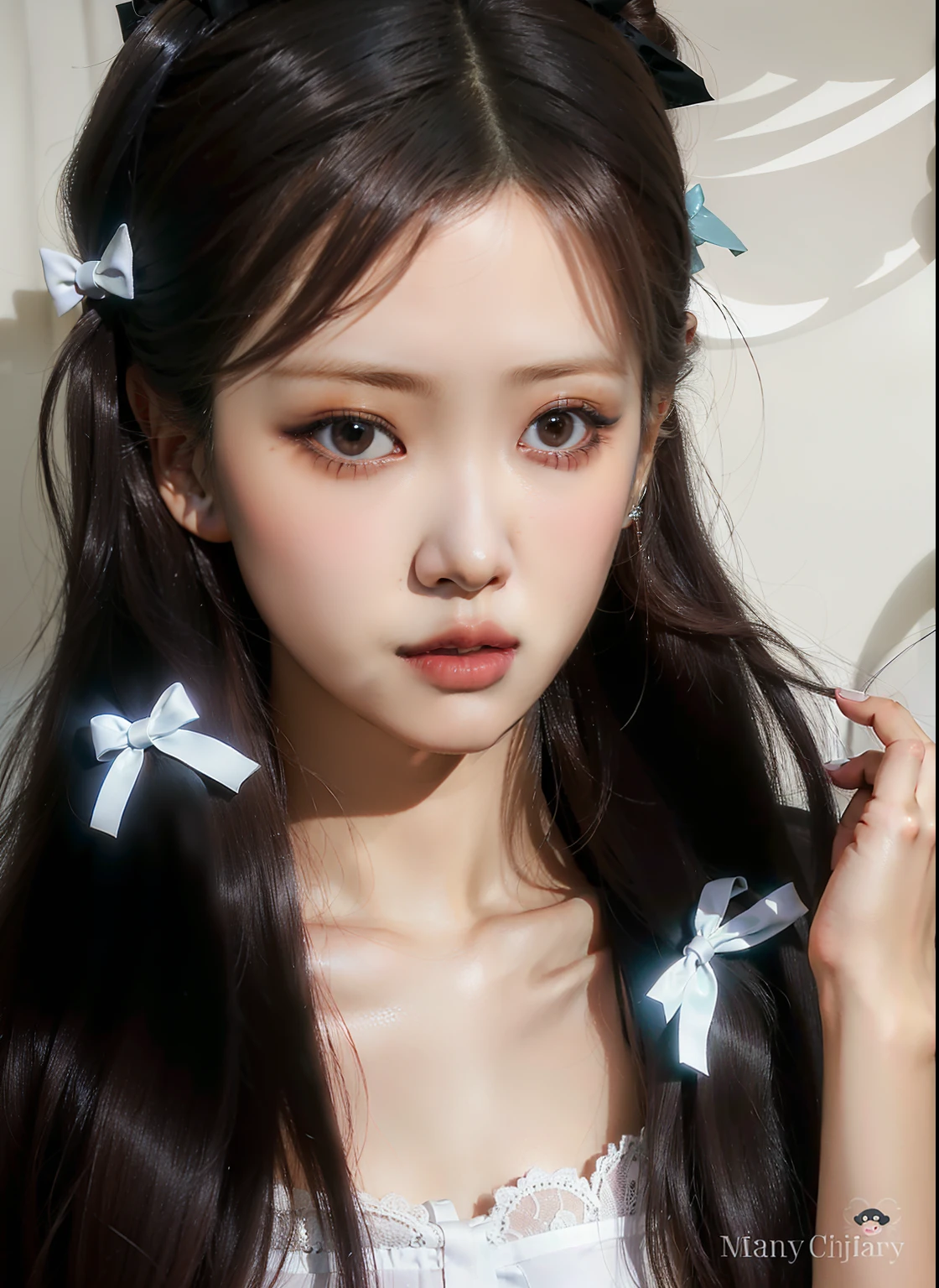 a close up of a woman with long hair wearing bows, ulzzang, belle delphine, with black pigtails, wan adorable korean face, young adorable korean face, 8k selfie photograph, with cute doting eyes, sakimichan, pale fair skin!!, the hime cut, korean girl, jinyoung shin, fairycore, jaeyeon nam, sha xi