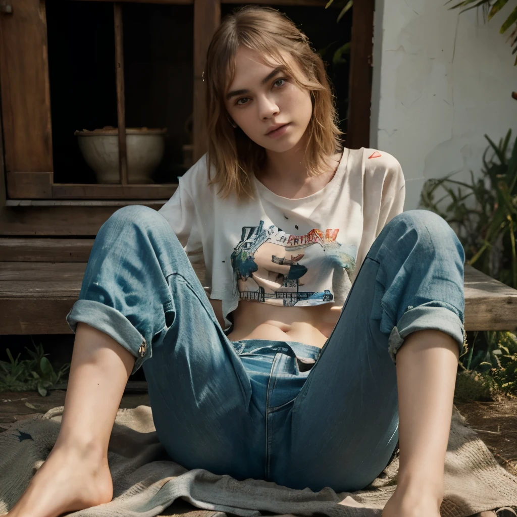 Suki Wasserhaus, Cara delevigne, Taylor Swift, Keira Knightley, 8K, ultrarealistisch, beautiful texture of the face, alle drei im Crop-Shirt, bare feet, fullbody view, cute hippie pants,