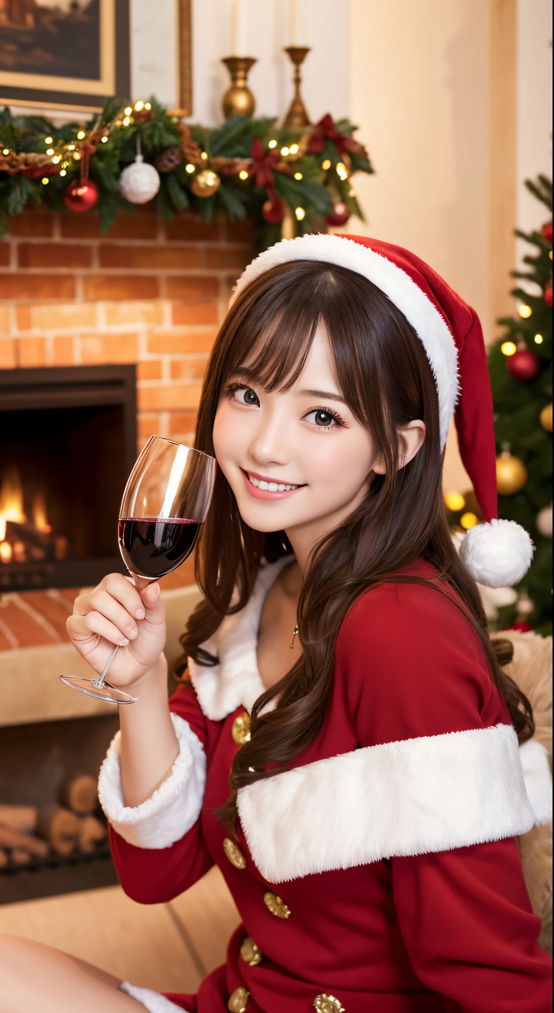 masutepiece、Best Quality、 ultra-detailliert、hight resolution、8K Wallpapers、Perfect dynamic composition,、Beautiful fine eyes:1.4)、Christmas、inside in room、fireplace、dinner、Sparkling wine、Cute girl in Santa Claus costume、A smile、Holding a wine glass