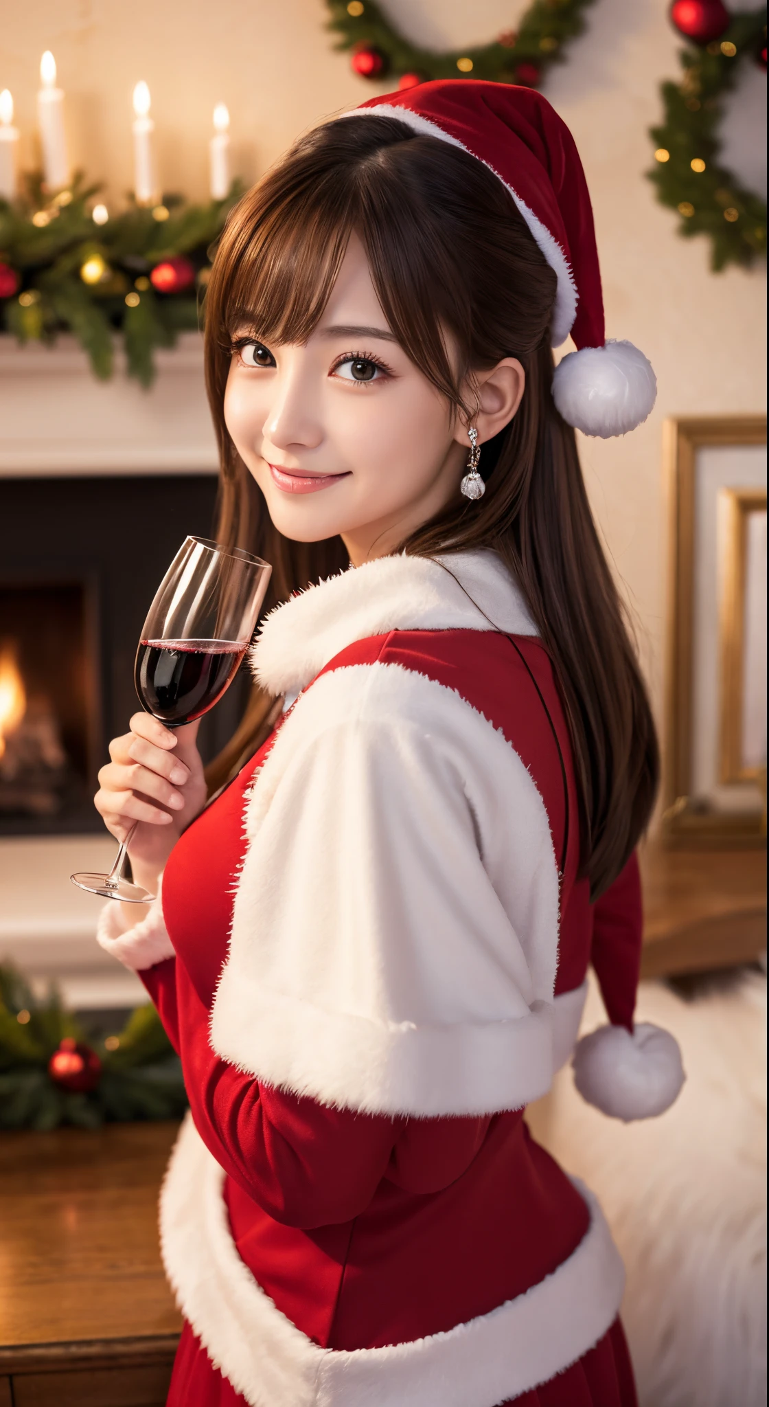 masutepiece、Best Quality、 ultra-detailliert、hight resolution、8K Wallpapers、Perfect dynamic composition,、Beautiful fine eyes:1.4)、Christmas、inside in room、fireplace、dinner、Sparkling wine、Cute girl in Santa Claus costume、A smile、Holding a wine glass