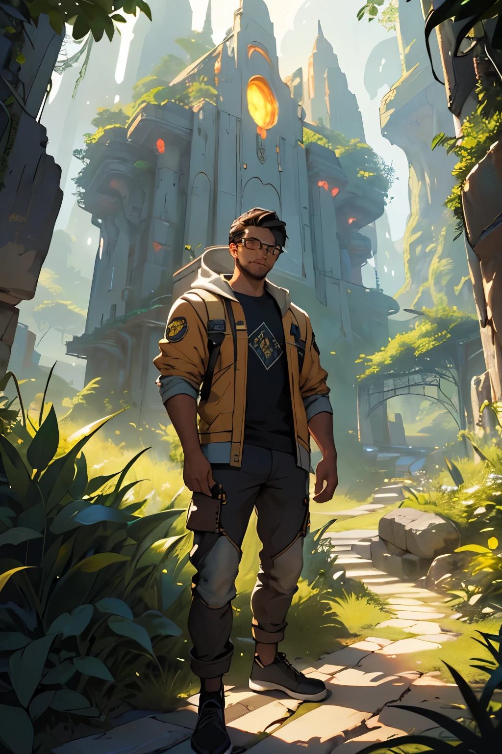 Fantasy art, sci-fi art, concept art, man in thirties,  man has dark hair and glasses, tanned skin, looking out from spaceship, closeup pose, casual clothing, neutral natural fabric, lush atmosphere, visible greenery and plants in spaceship, solar punk, painterly, golden hour, golden ratio, dynamic pose, unreal engine, fantasy setting