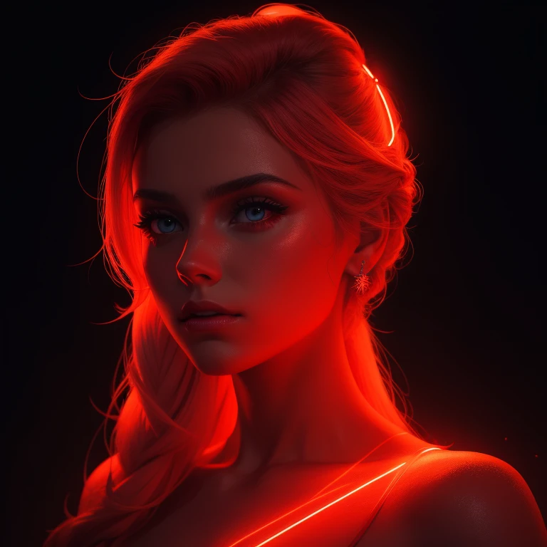 beautiful woman, red glowing skin, red neon lights, neon light language, red and cinematic lighting,  red neon light, inspired by Elsa Bleda, neon lit, glowing red, red lighting on theface, dark background