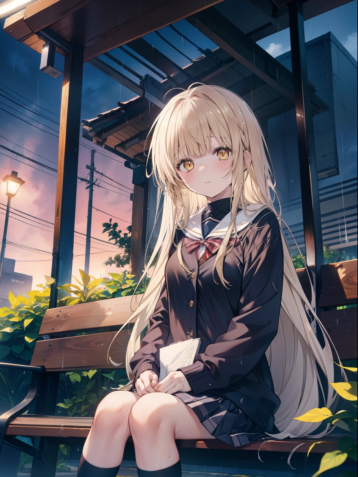 best pixiv anime photo, top rate pixiv, masterpiece, best detailed anime background, 1girl, shiina mahiru (yellow eyes, long blonde hair, cute face), an anime girl in school clothes is sitting taking shelter from the heavy rain at a bus stop alone