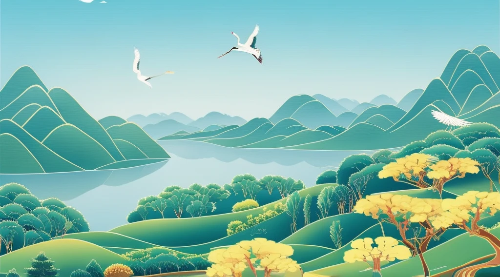 China-style，rolling hills，the trees，white crane