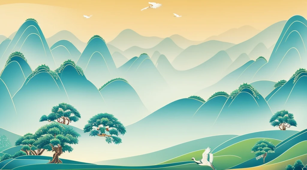 China-style，rolling hills，the trees，white crane