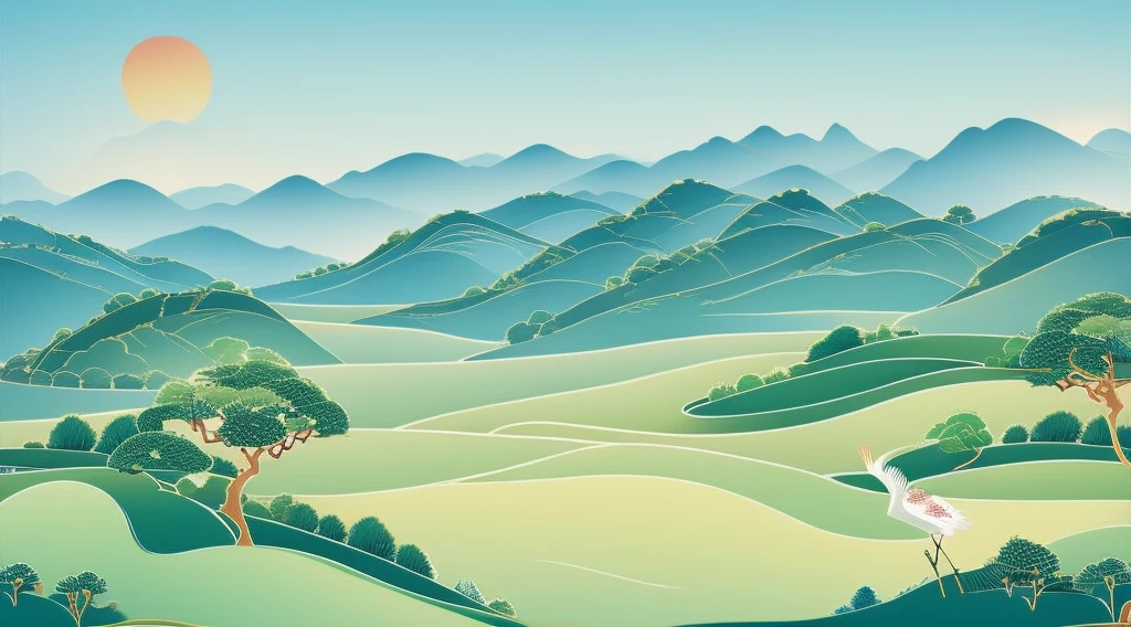 China-style，rolling hills，the trees，white crane