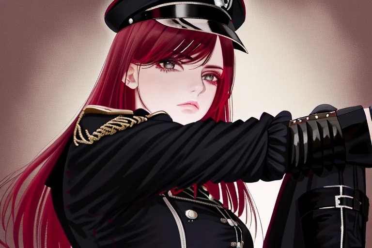 ((Obra maestra, La mejor calidad)), (1girl), (solamente), (female gothic army officer, German black leather uniform, With army leather hat, maquillaje fuerte, senos grandes, mujer alta, ojos azules, pupils constricted, empty eyes, sadistic expression, Yandere, Apariencia de muerte femenina, cabello rubio, Dynamic Angle, Ultra detallado, 8K resolution, Profundidad de campo, foco nítido, SFV, Sombras profundas, fondo rojo