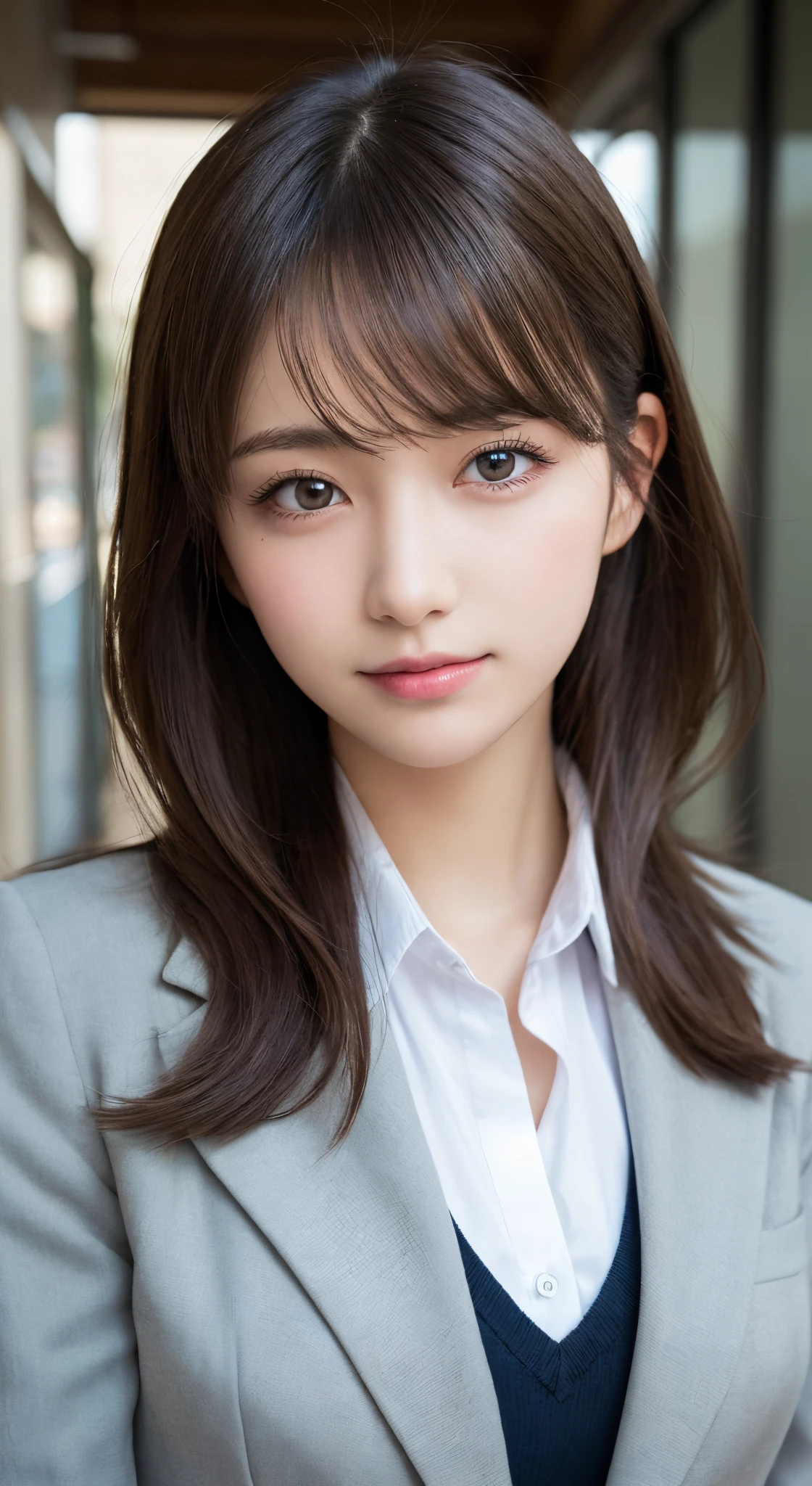 masutepiece, Best Quality, Illustration, Ultra-detailed, finely detail, hight resolution, 8K Wallpaper, Perfect dynamic composition, Beautiful detailed eyes, Natural Lip,Blazer ,School uniform, Big breasts, Full body,ssmile