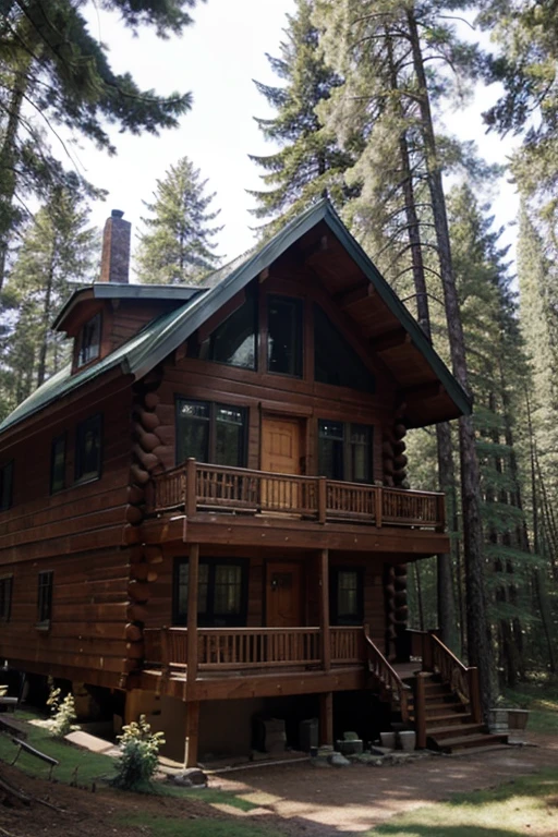 The wooden house is single-story among tall trees in the forest.