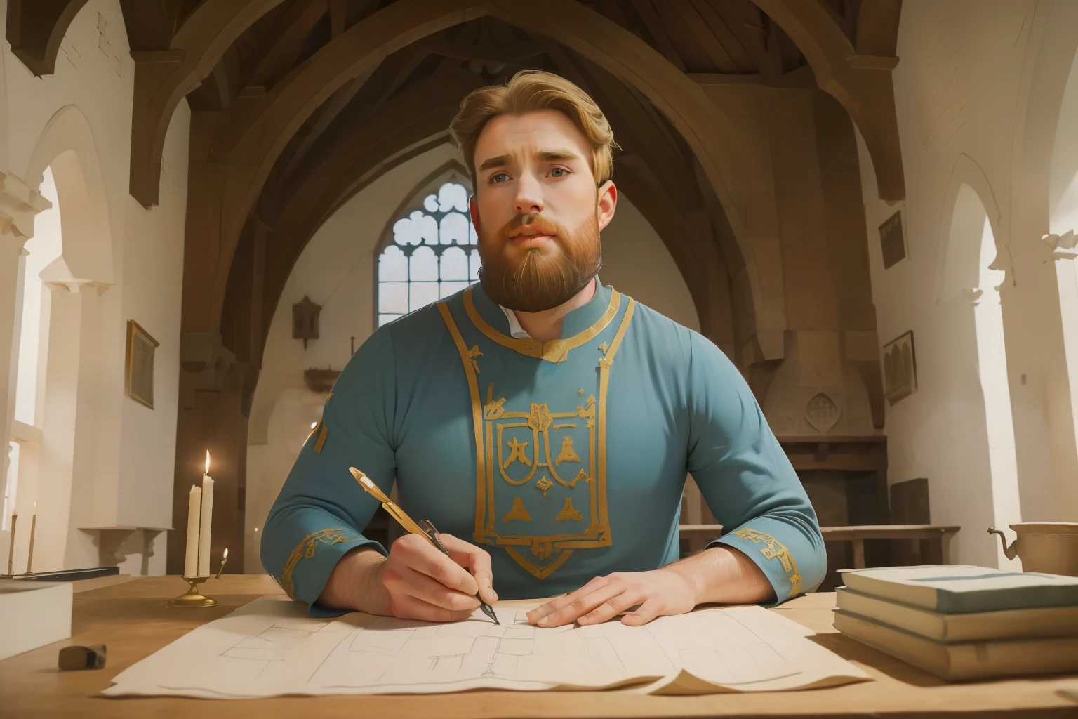 1136, Kingsbridge, England. otherworldly scene in a medieval monastery, ((((35-year-old)) bearded Chris Evans)), drawing a sketch of a new building, ((((poor plain tunic from the 12th century)))), ((Hairstyle of the 12th century)), ((Wes Anderson cinematic style)), colorful