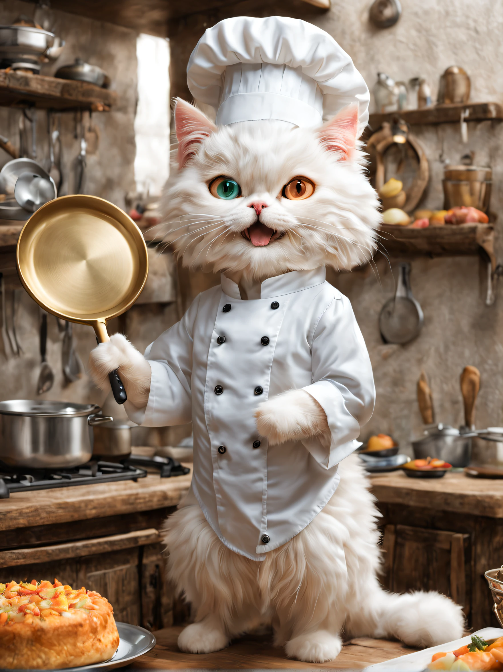 (minuet、In the middle of the meal、Holding a frying pan、Chef attracts、Chef's Hat,odd eye),,cute little,​masterpiece,top-quality,Fluffy cat,,A delightful,tre anatomically correct,,Fantasia,Cats,minuet,odd eye