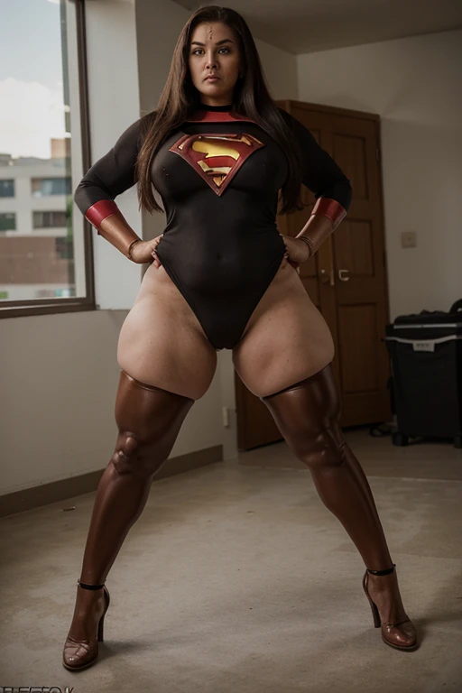 (mature, superheroine bbw , full body, spandex, perfect body), enemy, david and goliath, (next door dwarf), defeated,
