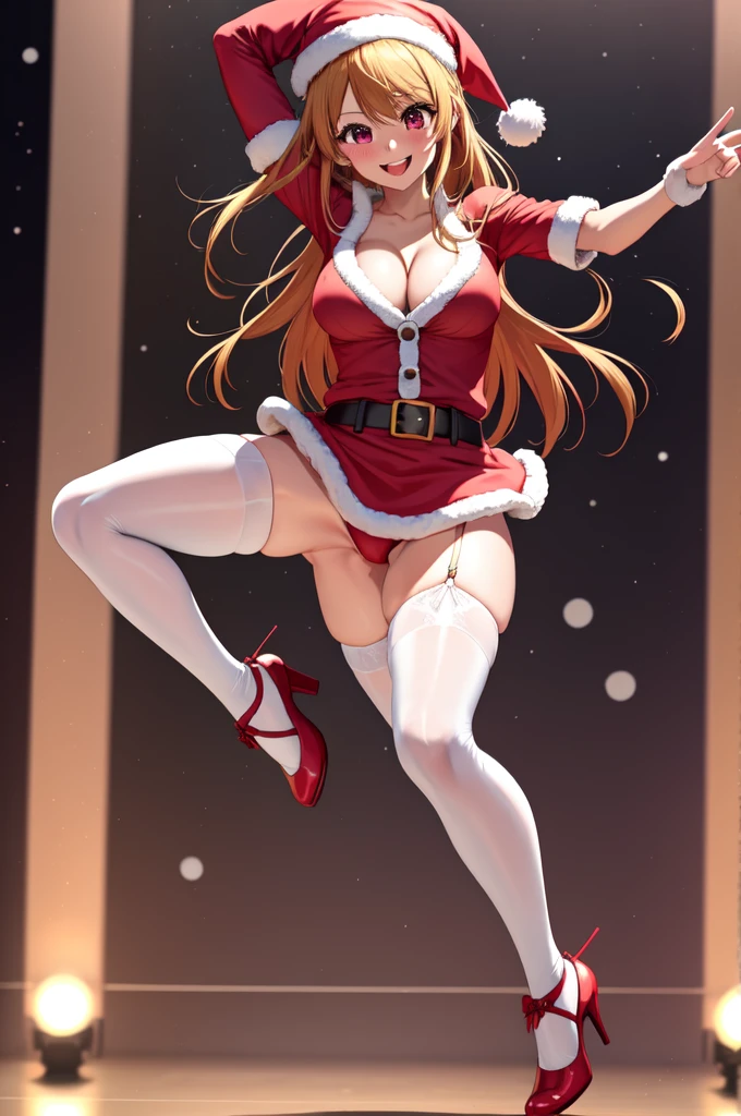 anime, beautiful face, highly detailed face, 2 accurate legs, detailed eyes, highly detailed background, perfect lighting, accurate arms, accurate hands, accurate fingers, full body, 1girl, solo, ruby hoshino, oshi no ko, female santa, sexy santa outfit, santa hat, heels, thighhighs, garter stockings, absurdres, high res, ultrasharp, 8K, masterpiece, looking at viewer (dancing pose:1.4), (full body:1.4), Christmas concert, Christmas idol, performing, on stage, dancing, smiling with compassion, mouth open smile, full of delight, blushed, cleavage, breast, leaning_forward, sntdrs