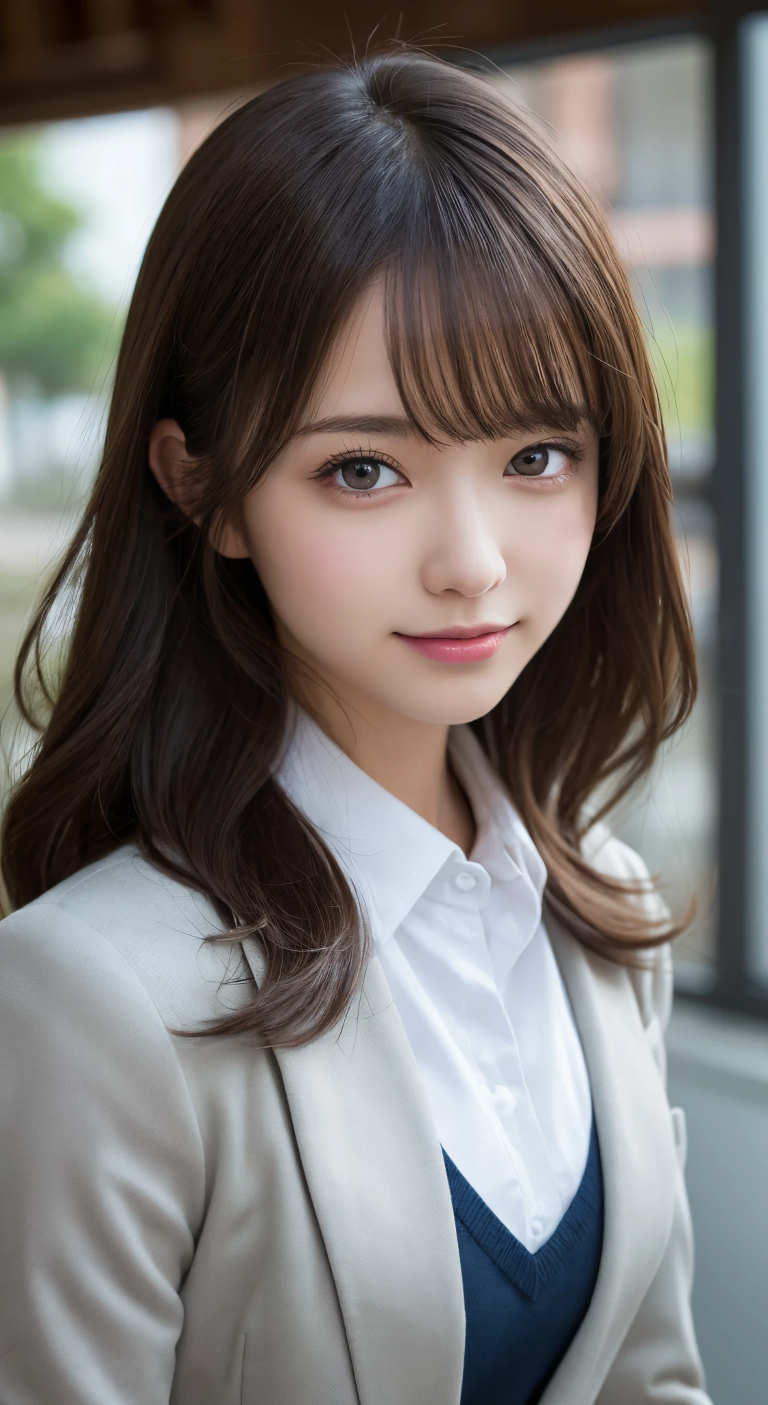 masutepiece, Best Quality, Illustration, Ultra-detailed, finely detail, hight resolution, 8K Wallpaper, Perfect dynamic composition, Beautiful detailed eyes, Natural Lip,Blazer ,School uniform, Big breasts, Full body,ssmile