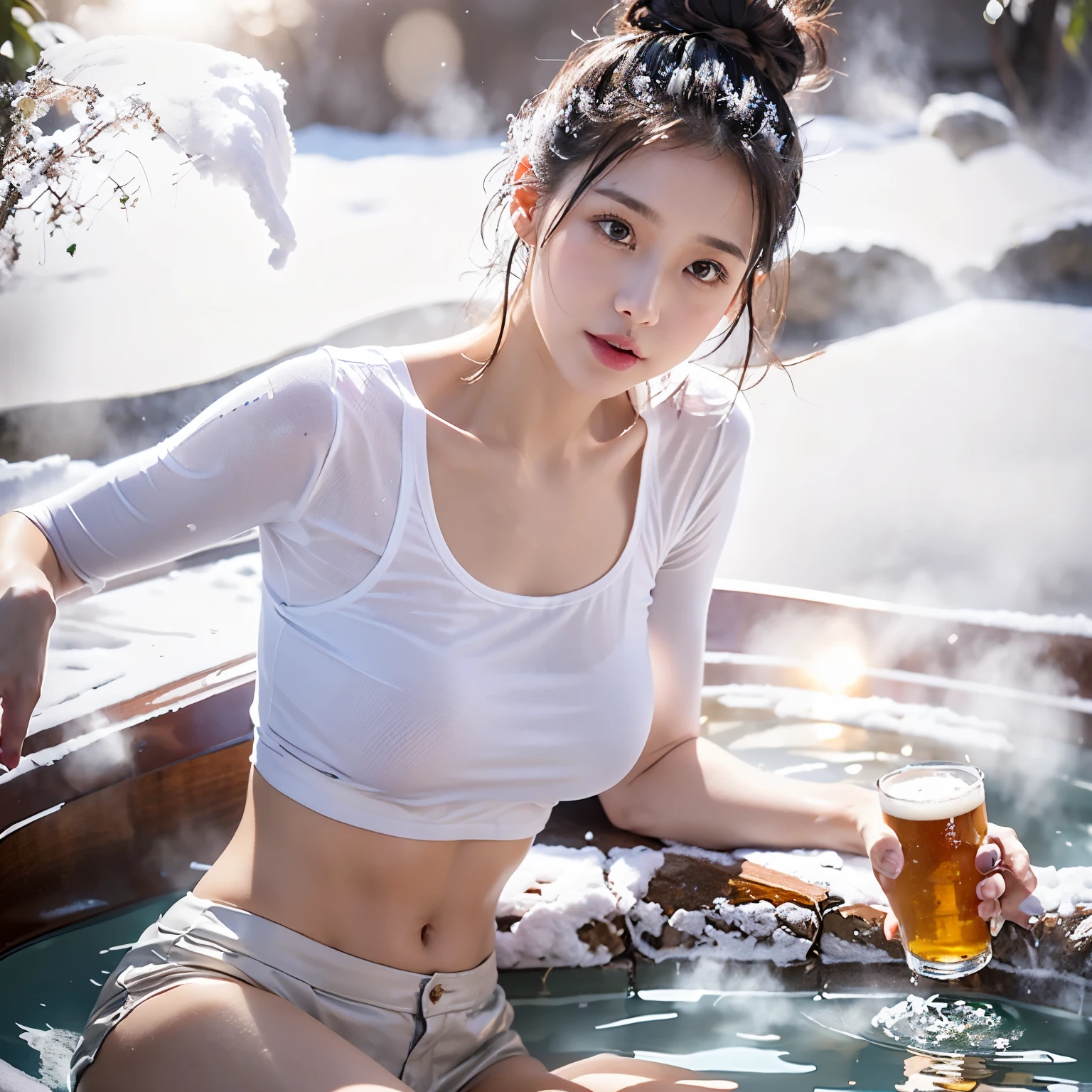 masterpiece,((top-quality)),8k wallpaper,((Female 1)),20yr old,Beautuful Women,Transcendent beauty,Frenchman,Height 150 cm,The hairstyle is a bun,(((A dark-haired))),Thin eyebrows,((Look into the viewer's eyes)),Light in the eyes,A smile,Lilac eyes,Pink cheeks,Red face,((Face parts details)),Opening Mouth,Expression of pleasure,Drinking beer,((hold a beer glass in your left hand)),((Show the beer glass to the viewer)),Light purple tank top,Wet tank top,Transparent tank top,鎖骨,Exposed belly,Beautiful skins,light lilac shorts,Transparent shorts,wet thin shorts,Dark pubic hair,(((The lower half of the body is immersed in the hot springs))),the sunlight shining on her,The background is a hot spring in Japan,water vapour,(snowflakes falling),((Large amount of snow)),Sunlight.