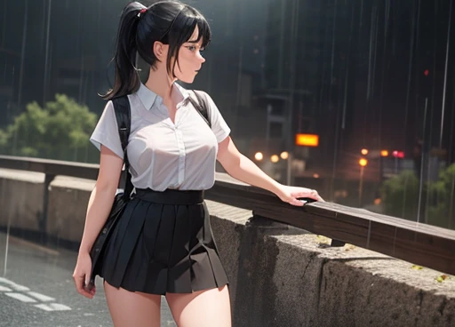 1girl, brawny, freckles, cute-face, black hair, ponytail, black skirt, rain