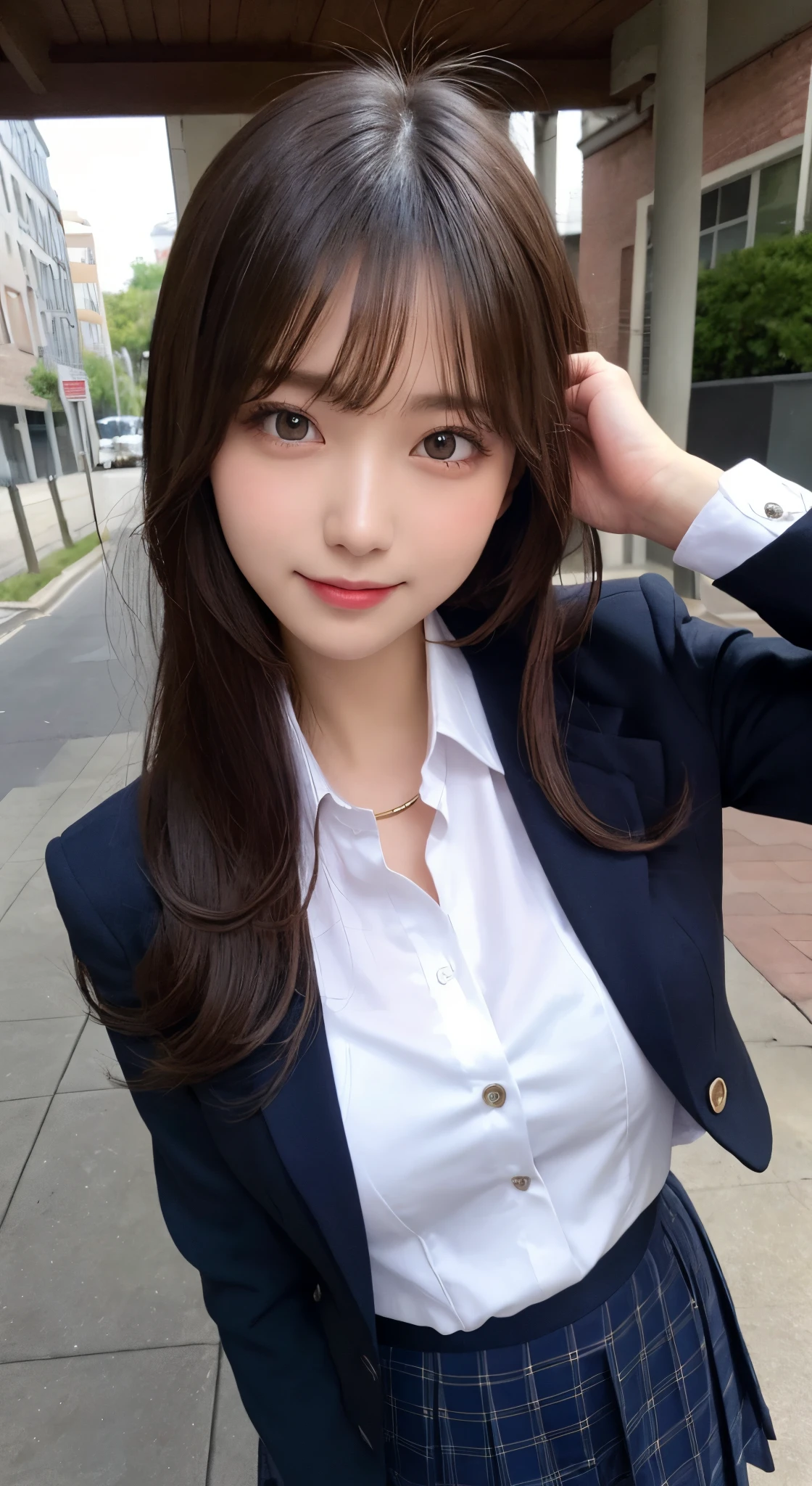masutepiece, Best Quality, Illustration, Ultra-detailed, finely detail, hight resolution, 8K Wallpaper, Perfect dynamic composition, Beautiful detailed eyes, Natural Lip,Blazer ,School uniform, Big breasts, Full body,ssmile