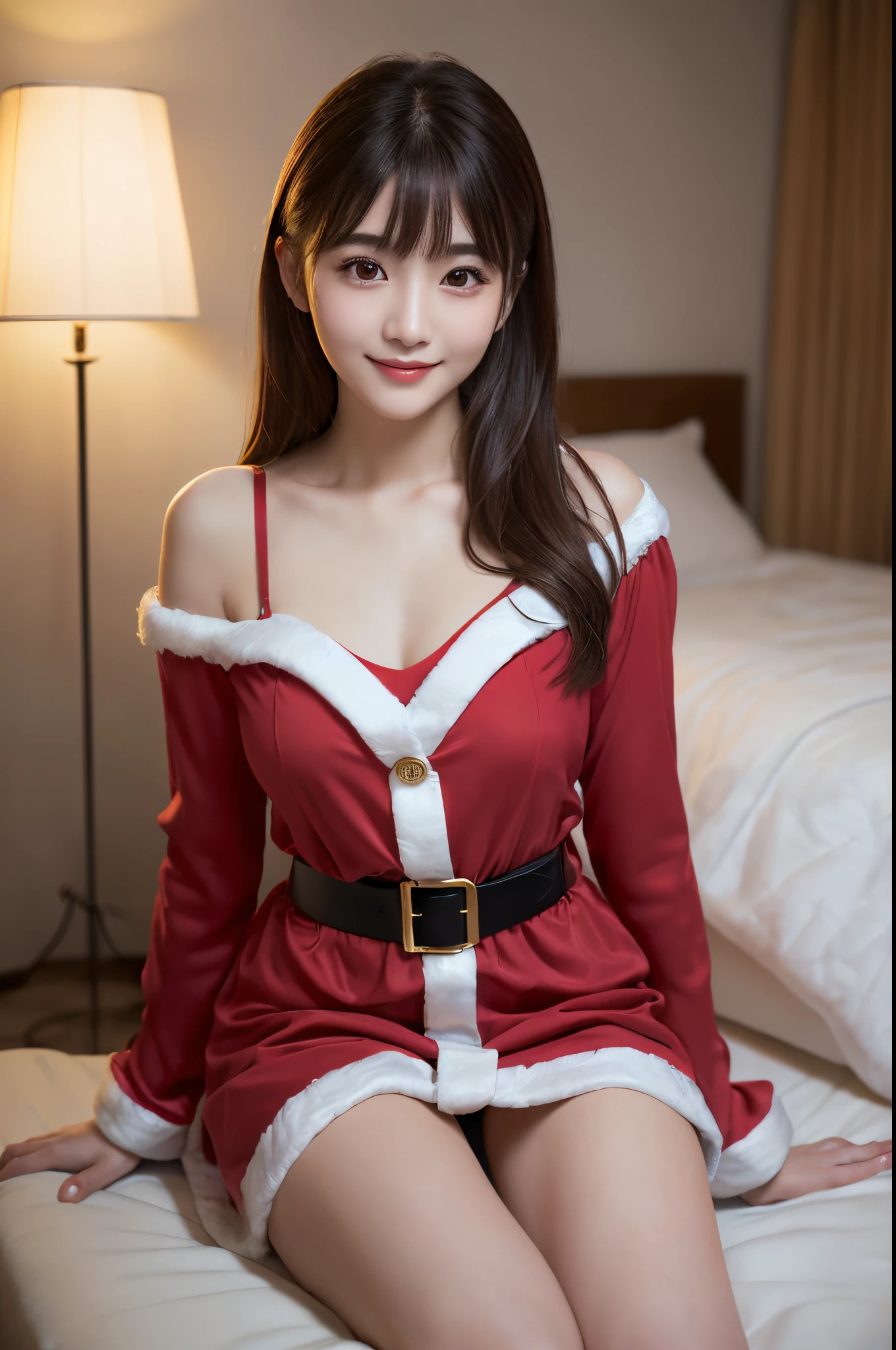 White see-through blouse,Face Interview, (写真realisitic:1.4), (hyper realisitic:1.4), (realisitic:1.3), (Smooth lighting:1.05), (Improve video lighting quality:0.9), 1womanl, (An 18-year-old woman:1.2), Realistic lighting, Back lighting, Facial light, raytrace, (cheerfulness:1.2), (Improved image quality:1.4), (最高級のrealisiticテクスチャードスキニーアイ, a small face, Red cheeks, skinny body, medium-breasted pointed jaws,,,,,,,,,,,,,,, Japan idol , Nogizaka Idol, glowy skin, hposing Gravure Idol, P, Blunt bangs, light brown hair, hair behind ear, hair over shoulder, Long hair,Tear bag,Christmas、(Santa Cos:1.3)、full body Esbian、sexypose、great joy、kawaii、
