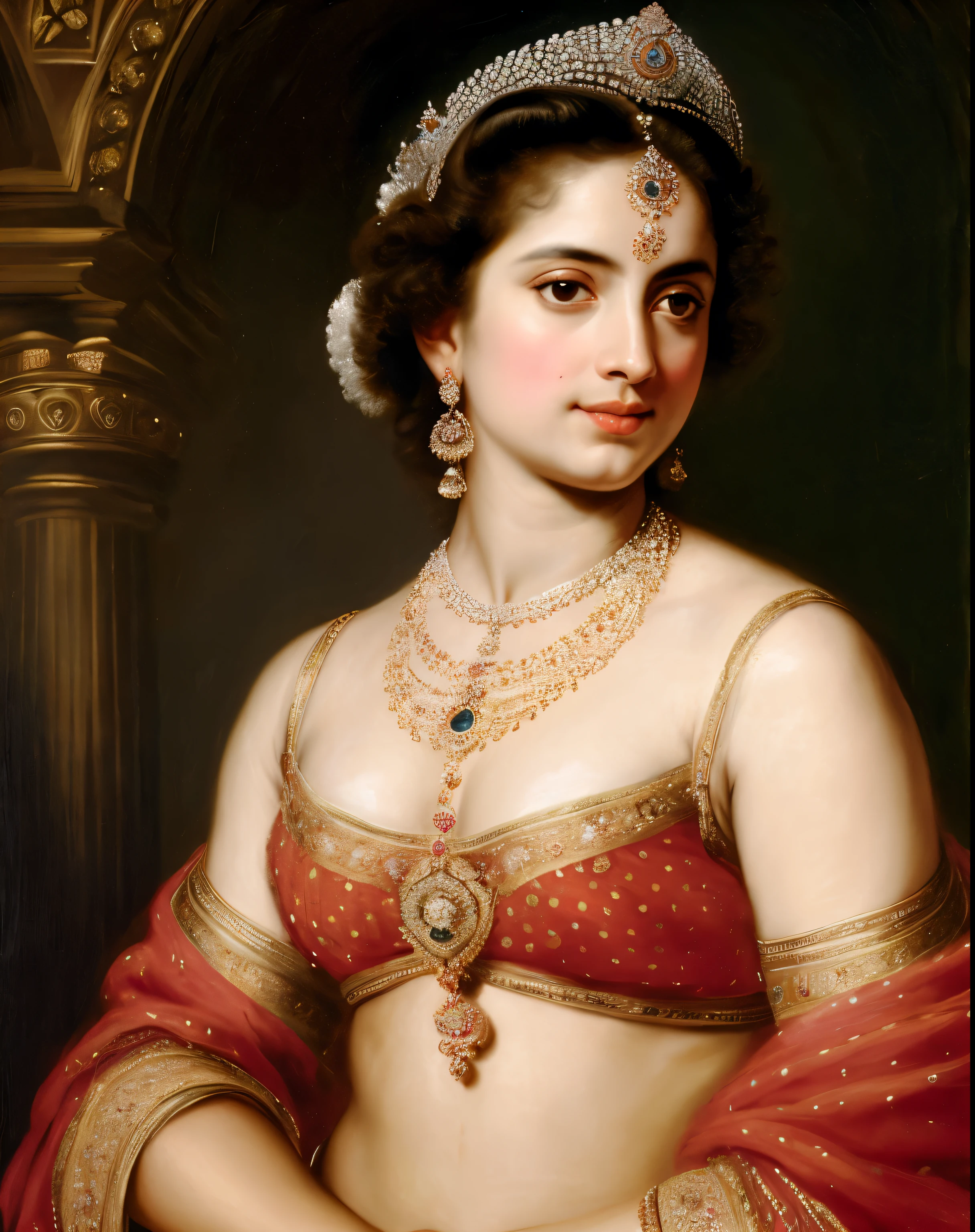 Indian princess, Rajkanya, royal clothes, Masterpiece, extremely gorgeous woman, matchless Beauty, portrait, Peter Paul Rubens style, Woman, off shoulder bandeau crop blouse, middle ages, classicism, andrey atroshenko style, painting, long hair, styled hair, traditional media, realistic, figurative, fine art, detailed Art, oil on canvas, HDR, 8K, original character, high resolution, high detail, focus on the face, intricate, flawless, fluffy hair, Peter Paul Rubens style, By Peter Paul Rubens