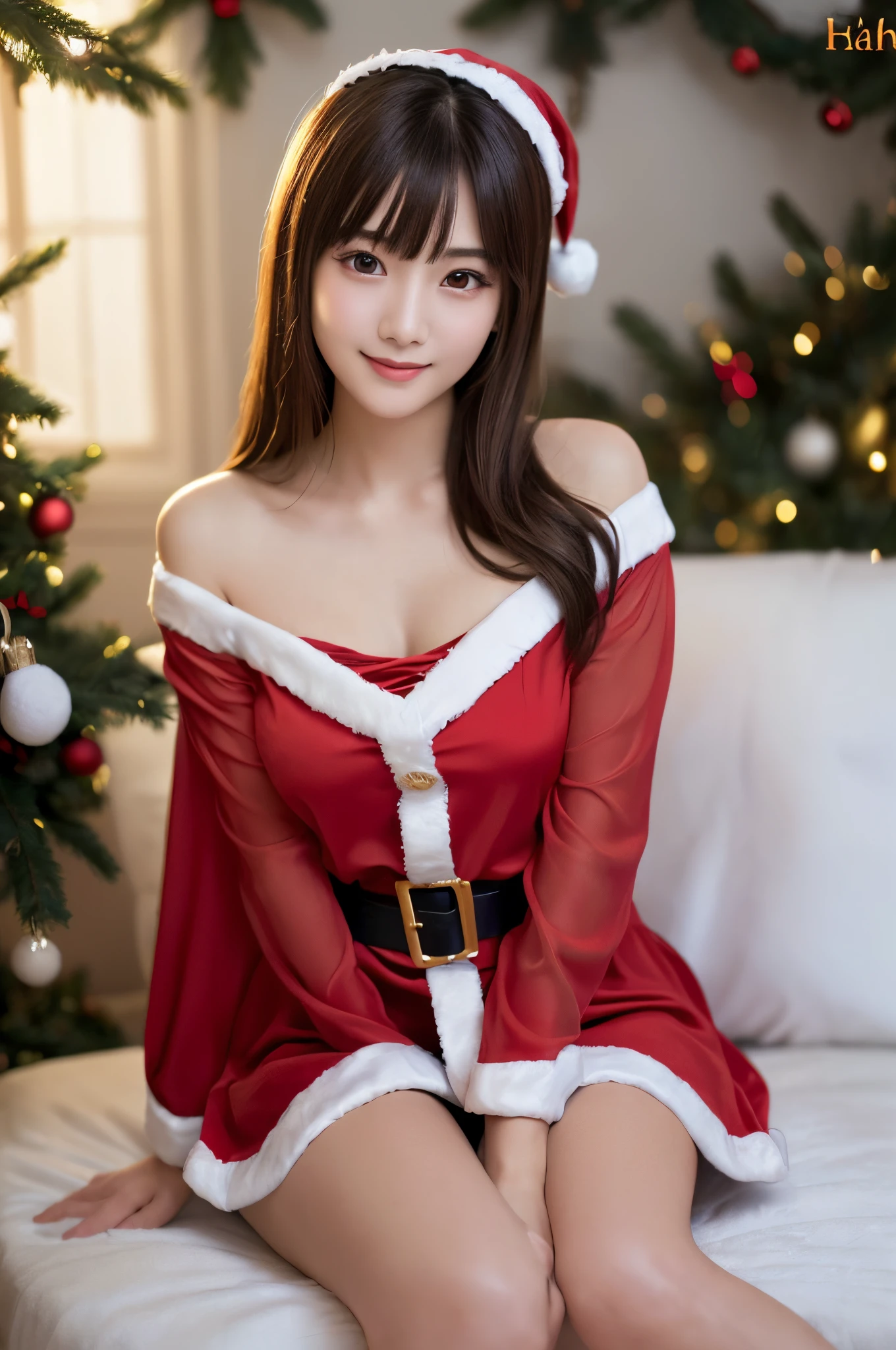 White see-through blouse,Face Interview, (写真realisitic:1.4), (hyper realisitic:1.4), (realisitic:1.3), (Smooth lighting:1.05), (Improve video lighting quality:0.9), 1womanl, (An 18-year-old woman:1.2), Realistic lighting, Back lighting, Facial light, raytrace, (cheerfulness:1.2), (Improved image quality:1.4), (最高級のrealisiticテクスチャードスキニーアイ, a small face, Red cheeks, skinny body, medium-breasted pointed jaws,,,,,,,,,,,,,,,, Japan idol , Nogizaka Idol, glowy skin, hposing Gravure Idol, P, Blunt bangs, light brown hair, hair behind ear, hair over shoulder, Long hair,Tear bag,Christmas、(Santa Cos:1.3)、full body Esbian、sexypose、great joy、kawaii、