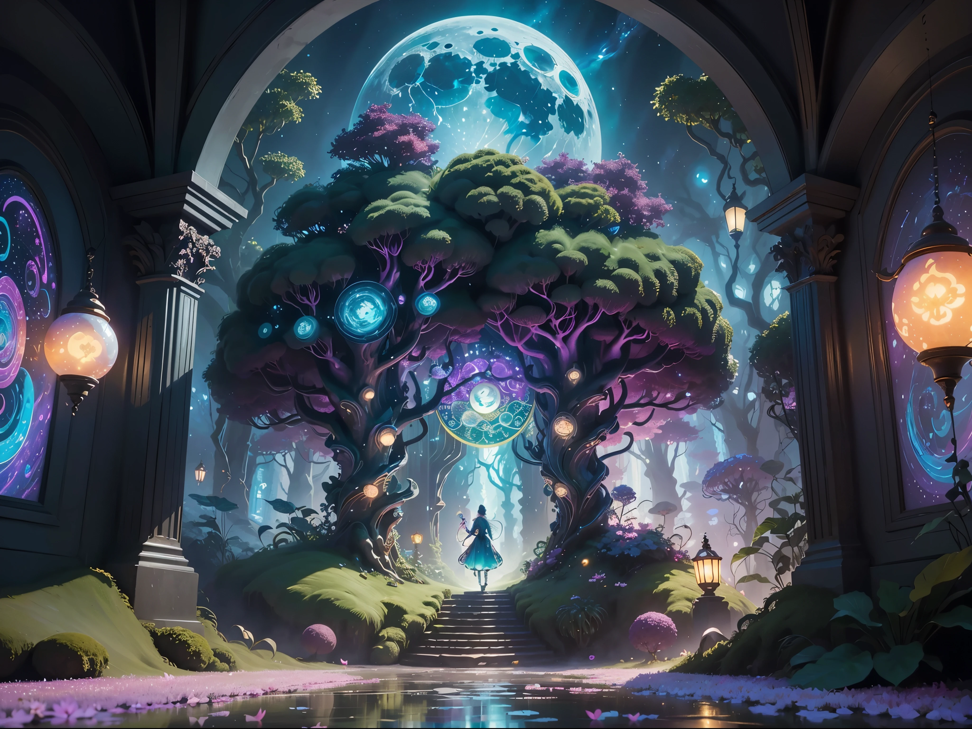 (best quality,4k,8k,highres,masterpiece:1.2), ultra-detailed, realistic, 8k, entrance to magical tree, magical plants, lamp, moon, night sky, magic, magical, plants, trees