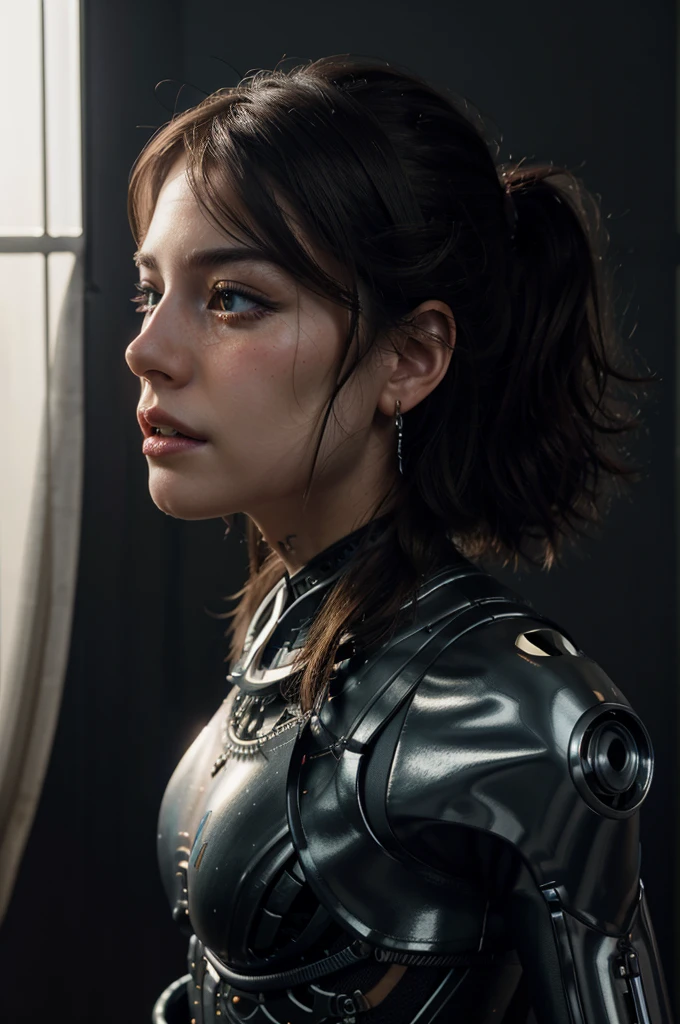 Complex ultra detailed 3d rendering beautiful profile porcelain female android face, cyborg, Robot parts, 150mm, Beautiful soft light studio, Rim light, Vivid details, Gorgeous Cyberpunk, race, surreal, anatomical, facial muscles, cable wire, microchip , elegant, beautiful background, Octane Rendering, HR Giger Style, 8k, Top Quality, Masterpiece, illustration, very delicate and beautiful, Highly detailed, CG, unified, wallpaper, (realistic, photorealistic: 1.37), wonderful, finely Detailed, Masterpiece, Top Quality, Official Art, Highly Detailed CG Unity 8k Wallpaper, Absurd, Incredibly Absurd, Robot, Full Body, Stream