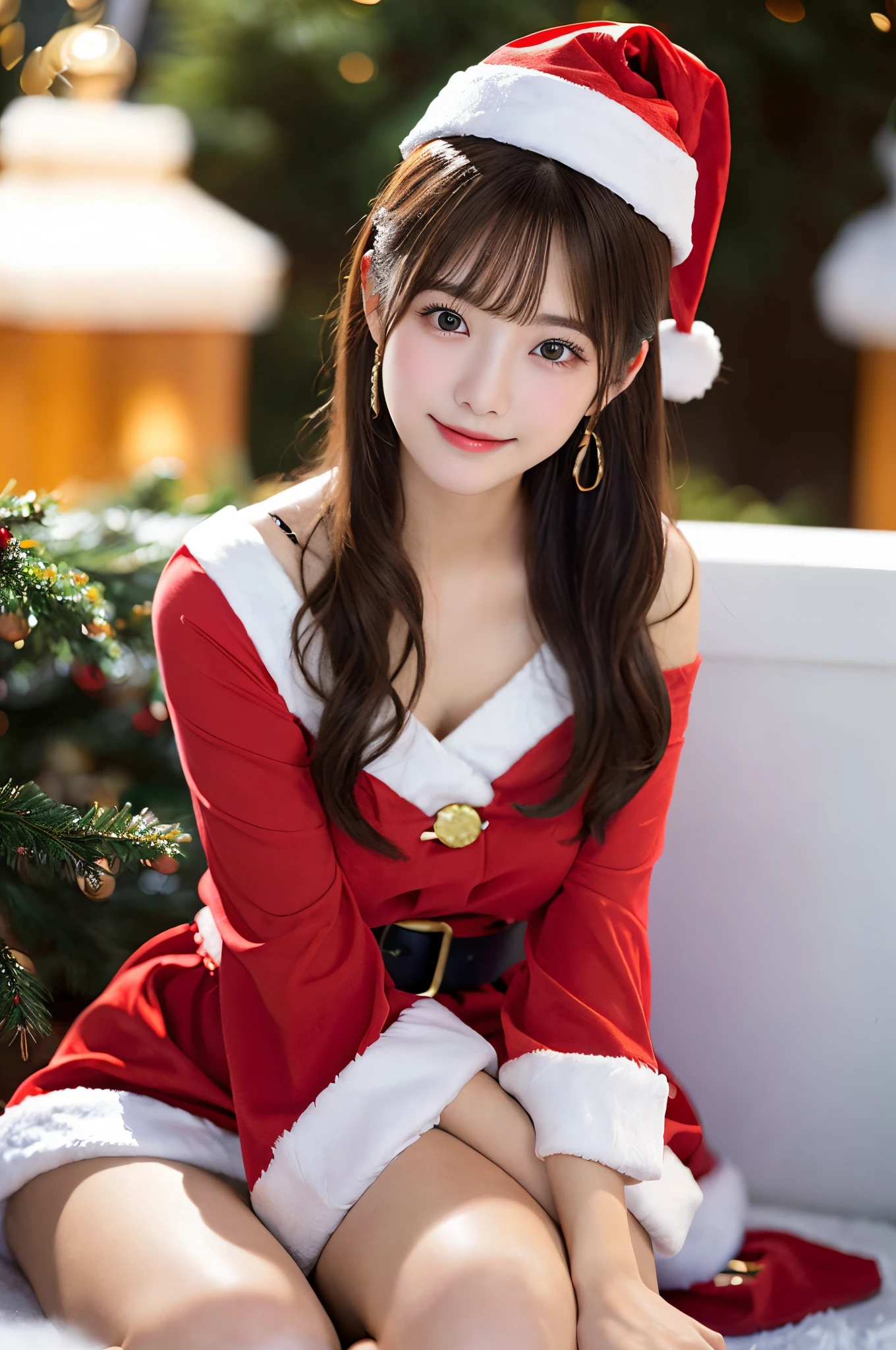 White see-through blouse,Face Interview, (写真realisitic:1.4), (hyper realisitic:1.4), (realisitic:1.3), (Smooth lighting:1.05), (Improve video lighting quality:0.9), 1womanl, (An 18-year-old woman:1.2), Realistic lighting, Back lighting, Facial light, raytrace, (cheerfulness:1.2), (Improved image quality:1.4), (最高級のrealisiticテクスチャードスキニーアイ, a small face, Red cheeks, skinny body, medium-breasted pointed jaws,,,,,,,,,,,,,,,,,,, Japan idol , Nogizaka Idol, glowy skin, hposing Gravure Idol, P, Blunt bangs, light brown hair, hair behind ear, hair over shoulder, Long hair,Tear bag,Christmas、(Santa Cos:1.3)、full body Esbian、sexypose、great joy、kawaii、