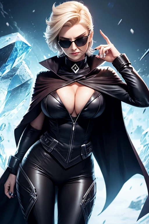 woman supervillain, general nazi woman with cleavage and cape, sunglasses, short hair , messy hair , face detailed, confiant, power of ice, diamond, snow , style nazi with cape, beautiful, sexy, curvys