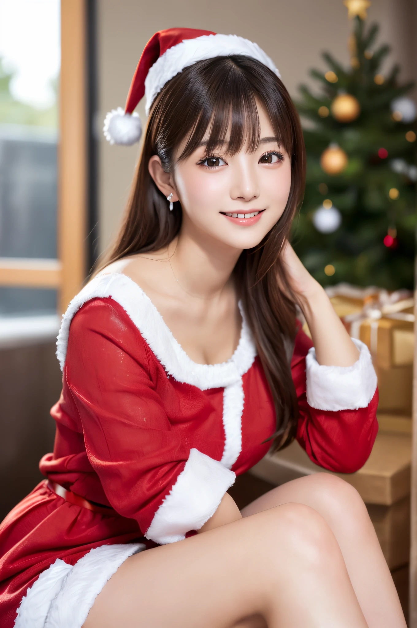 White see-through blouse,Face Interview, (写真realisitic:1.4), (hyper realisitic:1.4), (realisitic:1.3), (Smooth lighting:1.05), (Improve video lighting quality:0.9), 1womanl, (An 18-year-old woman:1.2), Realistic lighting, Back lighting, Facial light, raytrace, (cheerfulness:1.2), (Improved image quality:1.4), (最高級のrealisiticテクスチャードスキニーアイ, a small face, Red cheeks, skinny body, medium-breasted pointed jaws,,,,,,,,,,,,,,,,,,, Japan idol , Nogizaka Idol, glowy skin, hposing Gravure Idol, P, Blunt bangs, light brown hair, hair behind ear, hair over shoulder, Long hair,Tear bag,Christmas、(Santa Cos:1.3)、full body Esbian、sexypose、great joy、kawaii、