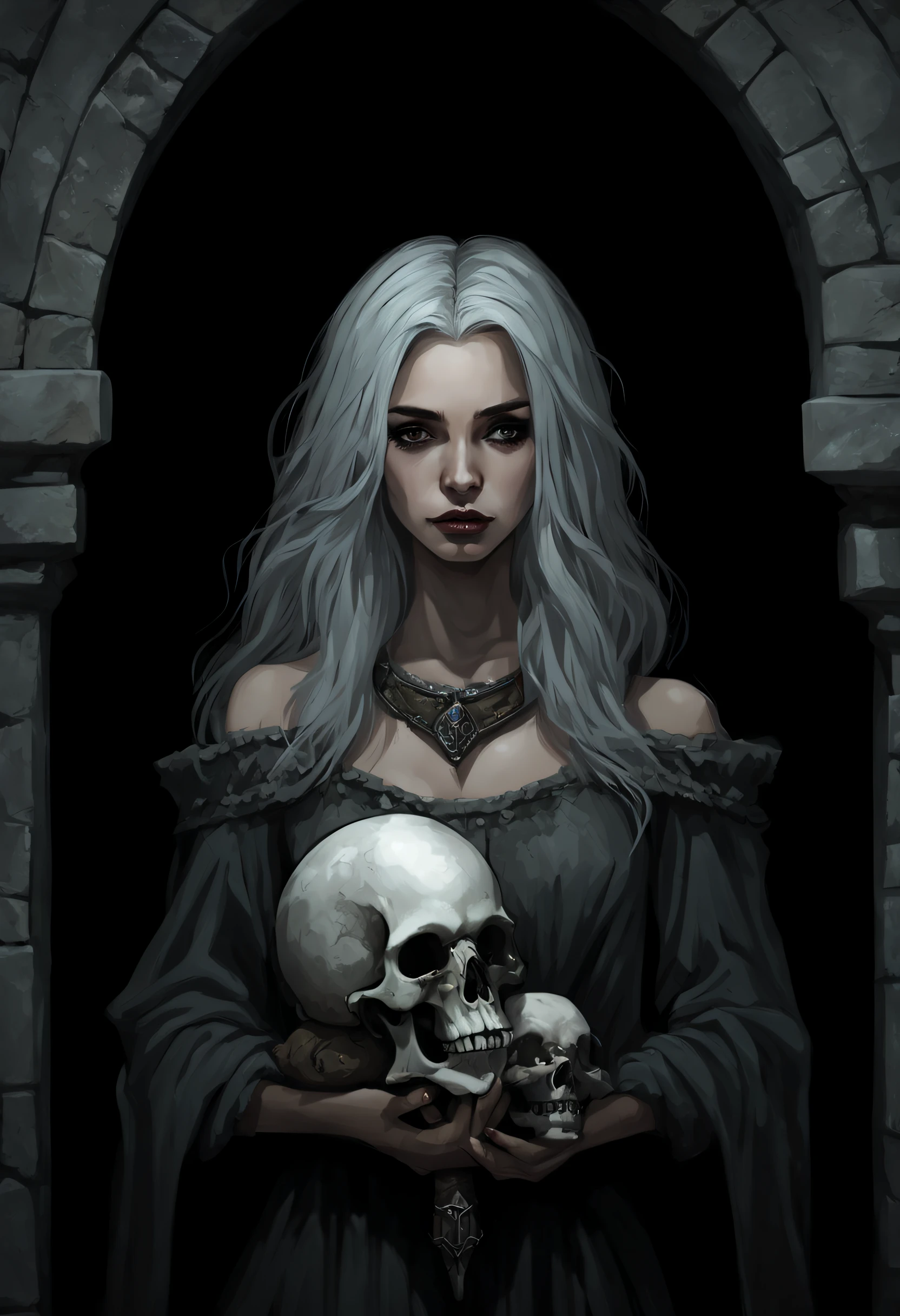 dark fantasy art, Minimalist art, a beautiful girl with gray hair and a sad face in a medieval outfit holds a skull in her hands, Stone wall in the background, Dark colors, soft-lighting, minimalism, A few details