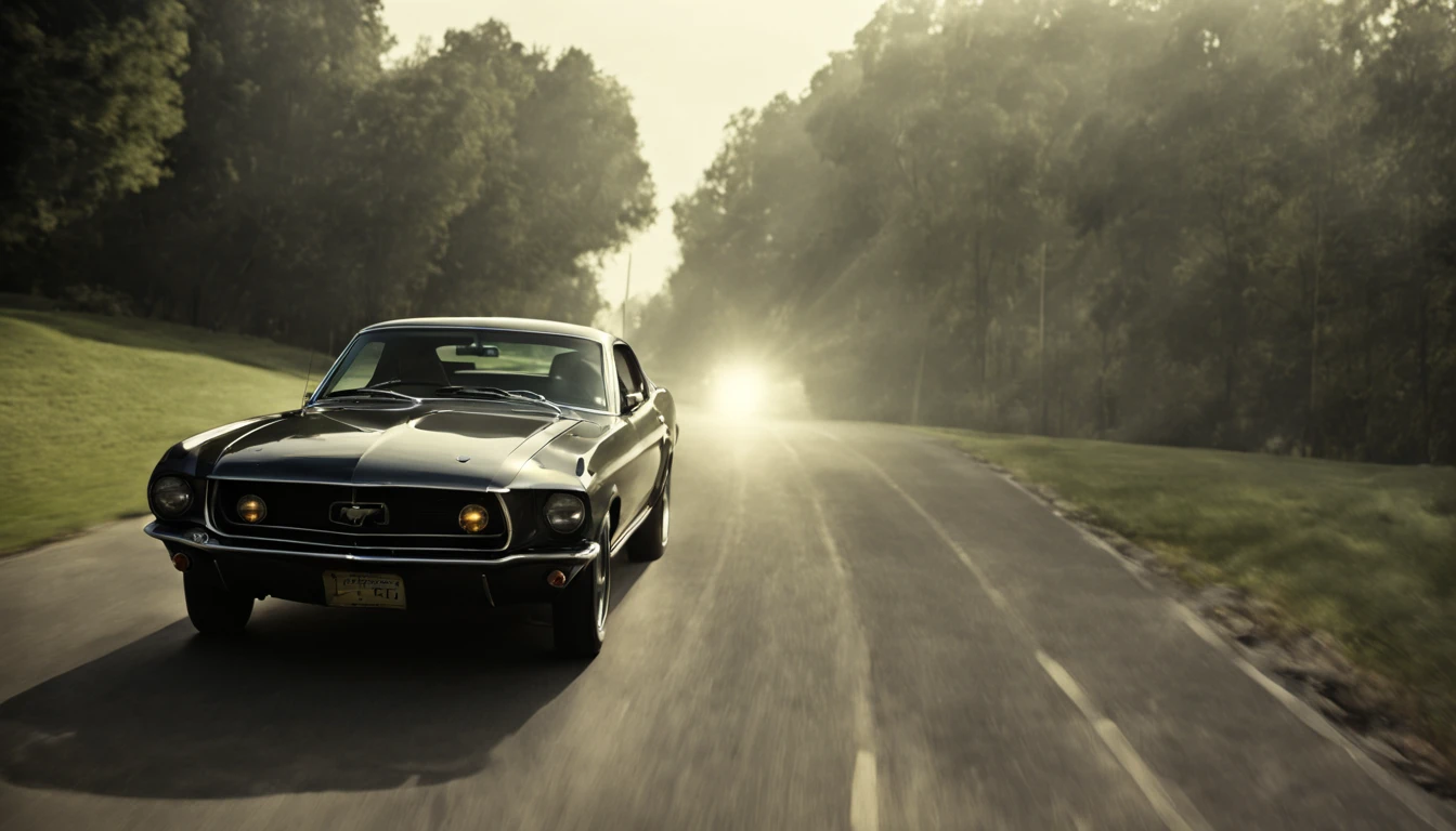 At night, John's Departure: John drives away in his Mustang, a sense of mystery surrounding him. Credits Roll: Highlighting the cast, crew, and key moments from the film. night, cinematic, lens flare, good angle, Black 1969 Ford Mustang.