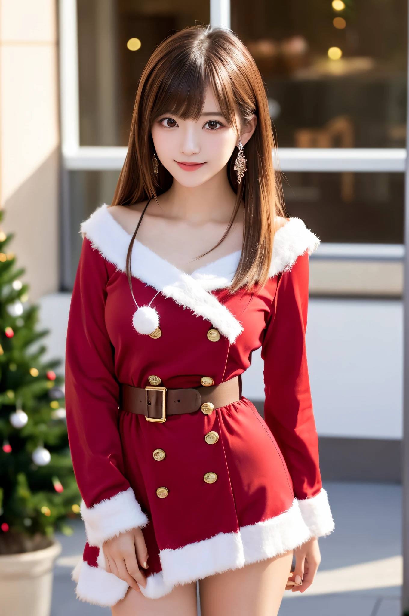 White see-through blouse,Face Interview, (写真realisitic:1.4), (hyper realisitic:1.4), (realisitic:1.3), (Smooth lighting:1.05), (Improve video lighting quality:0.9), 1womanl, (An 18-year-old woman:1.2), Realistic lighting, Back lighting, Facial light, raytrace, (cheerfulness:1.2), (Improved image quality:1.4), (最高級のrealisiticテクスチャードスキニーアイ, a small face, Red cheeks, skinny body, medium-breasted pointed jaws,,,,,,,,,,,,,,,,, Japan idol , Nogizaka Idol, glowy skin, hposing Gravure Idol, P, Blunt bangs, light brown hair, hair behind ear, hair over shoulder, Long hair,Tear bag,Christmas、(Santa Cos:1.3)、full body Esbian、sexypose、great joy、kawaii、