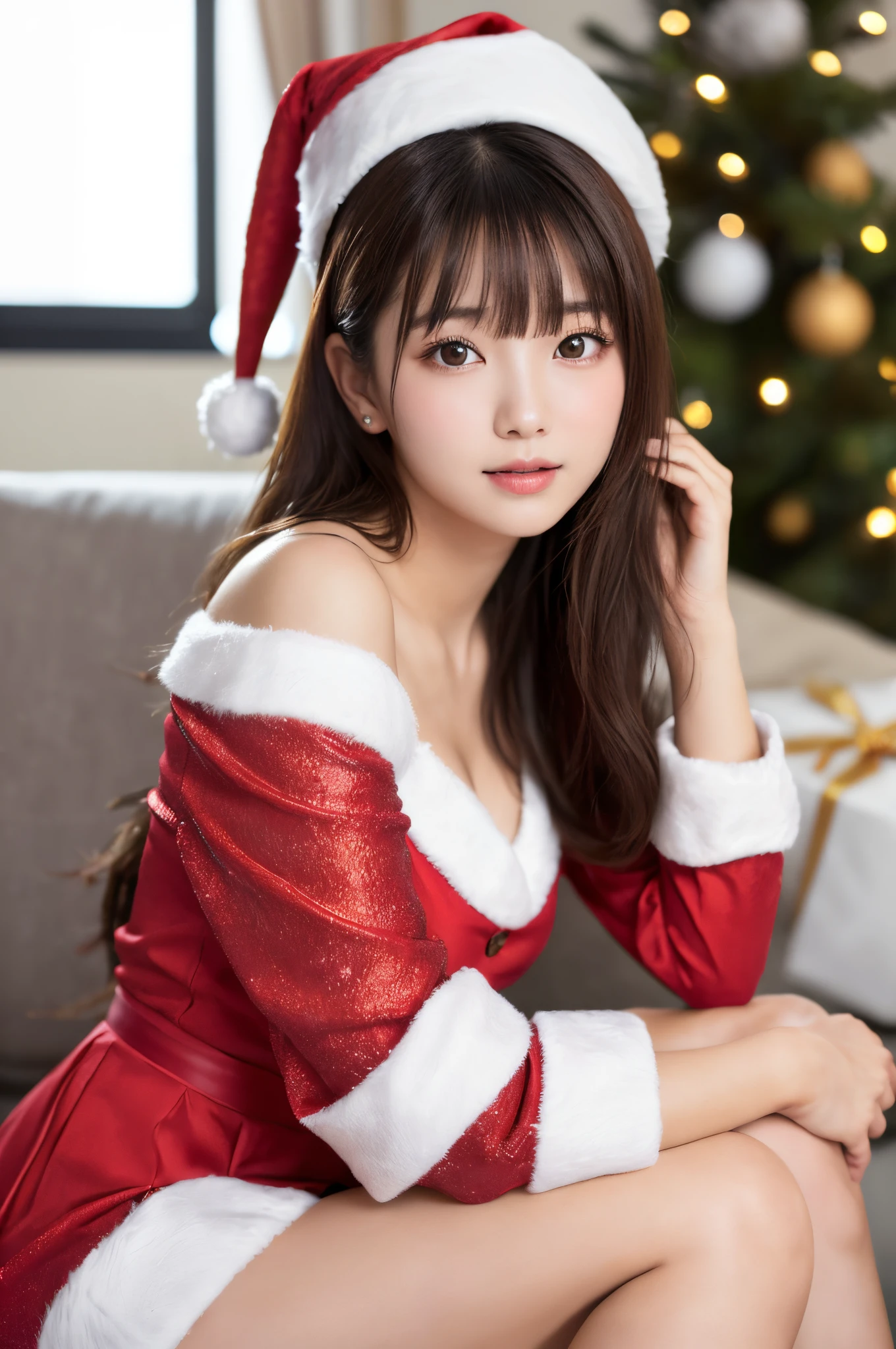 White see-through blouse,Face Interview, (写真realisitic:1.4), (hyper realisitic:1.4), (realisitic:1.3), (Smooth lighting:1.05), (Improve video lighting quality:0.9), 1womanl, (An 18-year-old woman:1.2), Realistic lighting, Back lighting, Facial light, raytrace, (cheerfulness:1.2), (Improved image quality:1.4), (最高級のrealisiticテクスチャードスキニーアイ, a small face, Red cheeks, skinny body, medium-breasted pointed jaws,,,,,,,,,,,,,,,,,,,,, Japan idol , Nogizaka Idol, glowy skin, hposing Gravure Idol, P, Blunt bangs, light brown hair, hair behind ear, hair over shoulder, Long hair,Tear bag,Christmas、(Santa Cos:1.3)、full body Esbian、sexypose、great joy、kawaii、