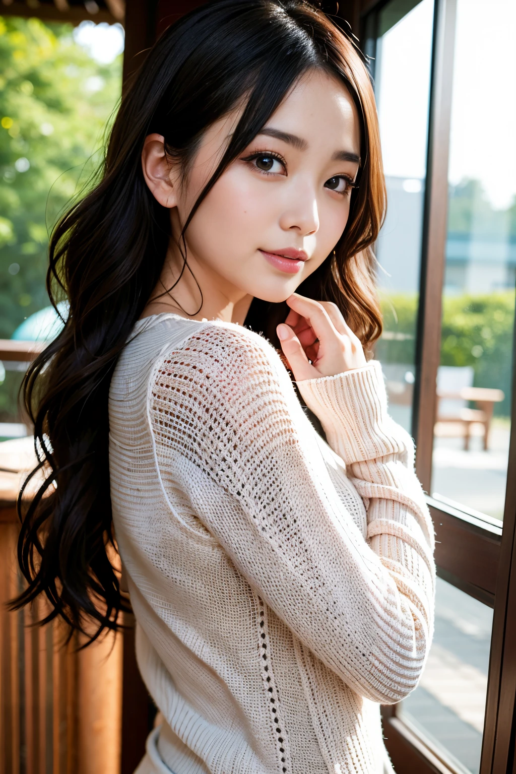 (8K、nffsw、Hi-Res)、((((a picture、Raw photography、Hyper-Realism、masterpiece、top-quality、超A high resolution))))、(Pin Light、Back lighting、Back lighting、ciinematic light)、foco nítido:1。4、(Hyper-detailing、finedetail)、cowboy shot、
1girl in、Egg-shaped face、Big, Beautiful eyes like a cat、small and slightly plump lips,,,,,,,、thick eyebrow、long and beautiful eyelashes。Transparent throughout makeup、There is a pink touch and sparkling lip gloss on the cheeks。Hairstyle is medium hair with wavy waves。Random and sexy poses,Random situations、A smile、bokeh feeling、natural、Beautiful resort scenery、Bright sunshine、25-years old、(Drooping eyes 1.5)、 Beauty、natural、japanes、(((knitted fabric long sleeve、Showpan)))、Small piercings、