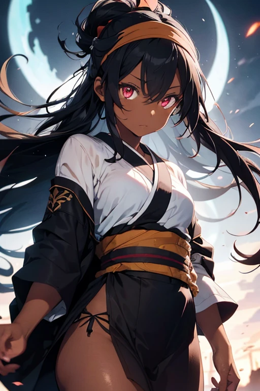 black skin, headband, woman fighter, back long hair, glowing eyes, torn kimono
