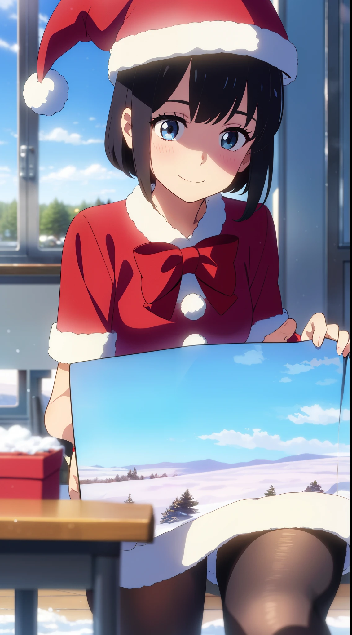 shinkai makoto, kimi no na wa., 1girl, 1boy, bangs, black hair, blush, bright eyes, girl with brown eyes, boy with blue eyes, bow, red bow, ribbon, red ribbon, short hair, medium breats, solo, perfect hands, perfect anatomy, sweet face, day, outdoors, winter scenery, snow, steam, cloud, Against the background of winter scenery, Santa Claus costume, Christmas uniform, Christmas shirt, short sleeves, girl with candy cane stockings, Santa Claus hat, smile, happy, classroom, school, on a dating, around school, sky, cloud, (holding hands), smiling